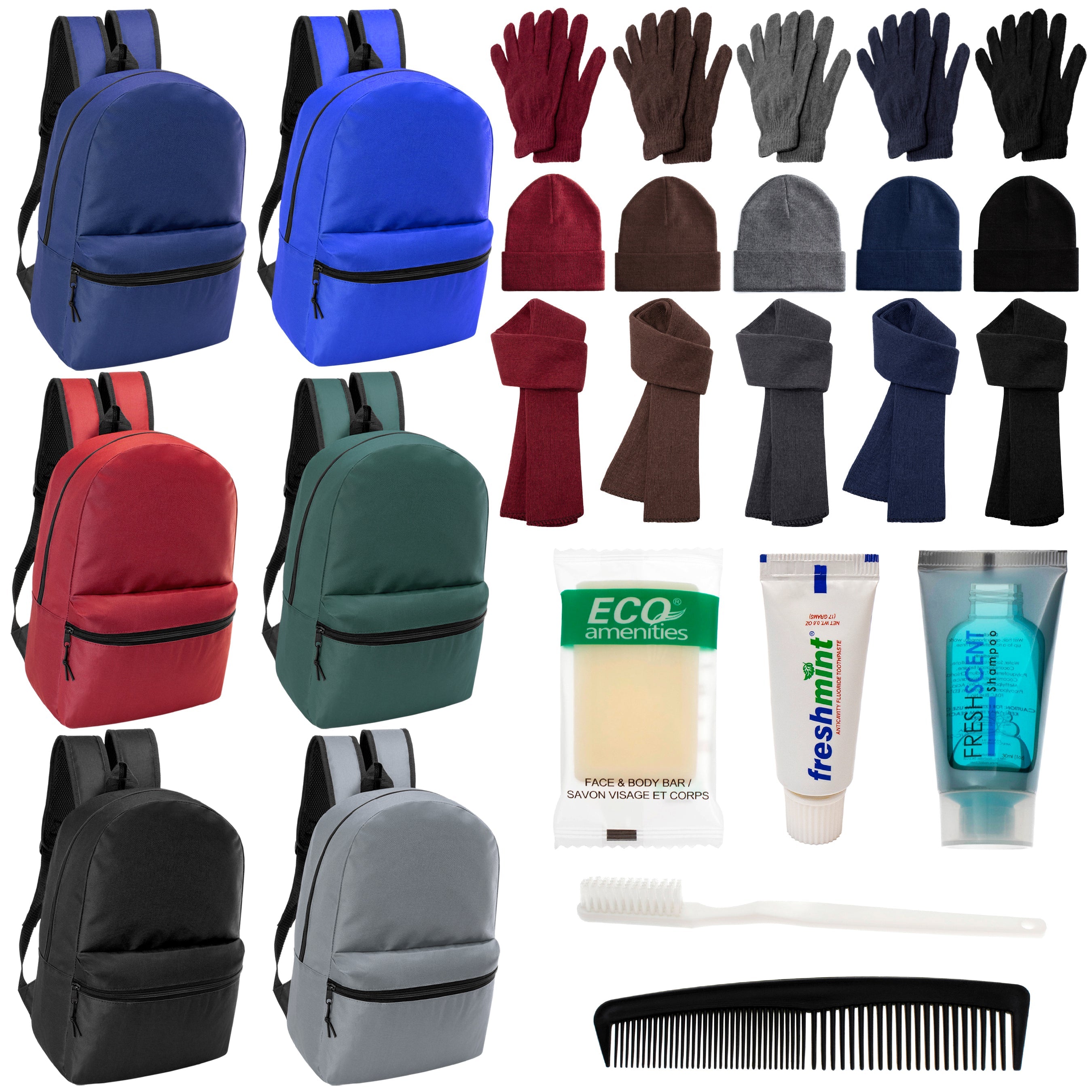 12 Basic 17" Backpacks in 6 Colors, 12 Winter Item Sets & Your Choice of 12 Bulk Hygiene Kits - Wholesale Homeless Care Package