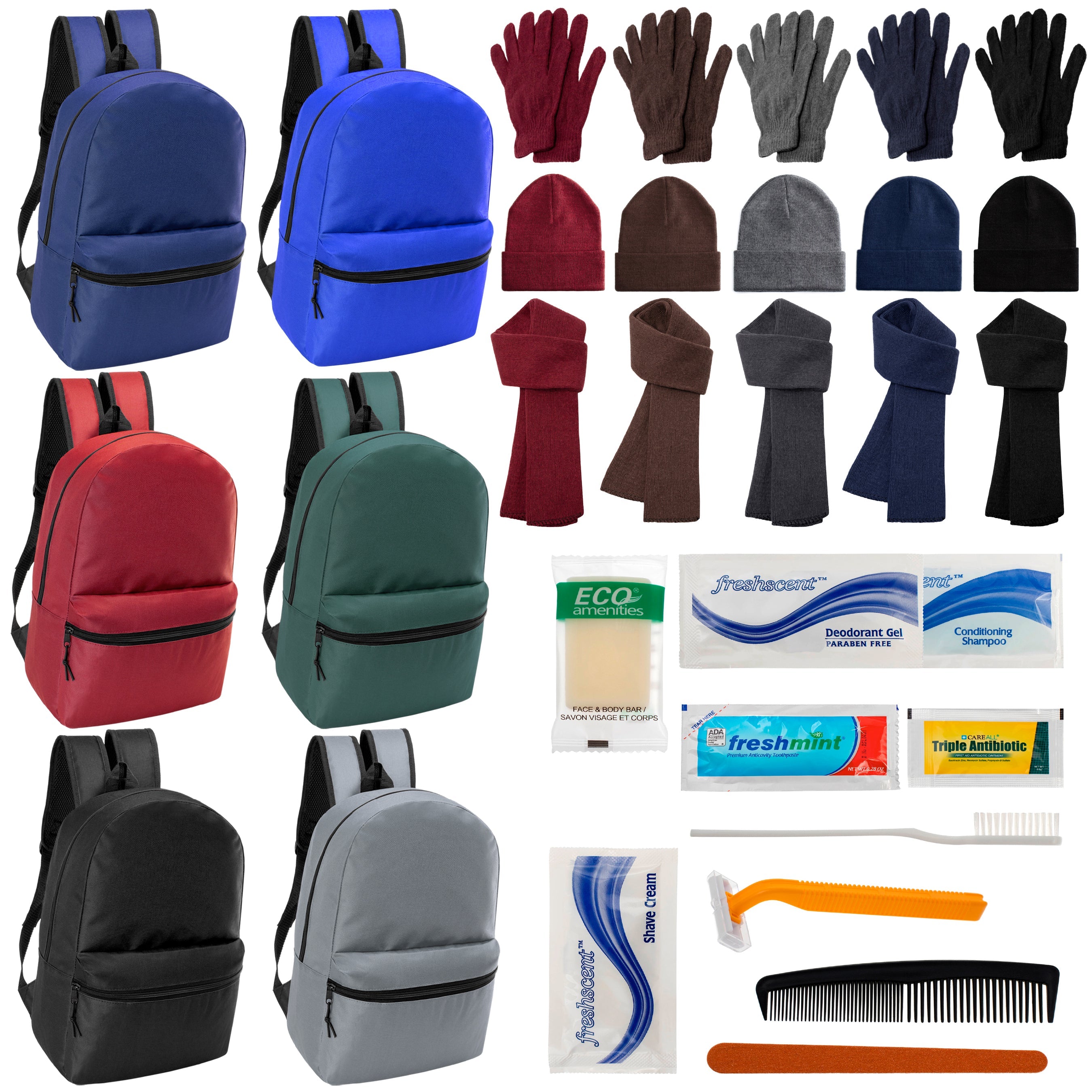 12 Basic 17" Backpacks in 6 Colors, 12 Winter Item Sets & Your Choice of 12 Bulk Hygiene Kits - Wholesale Homeless Care Package