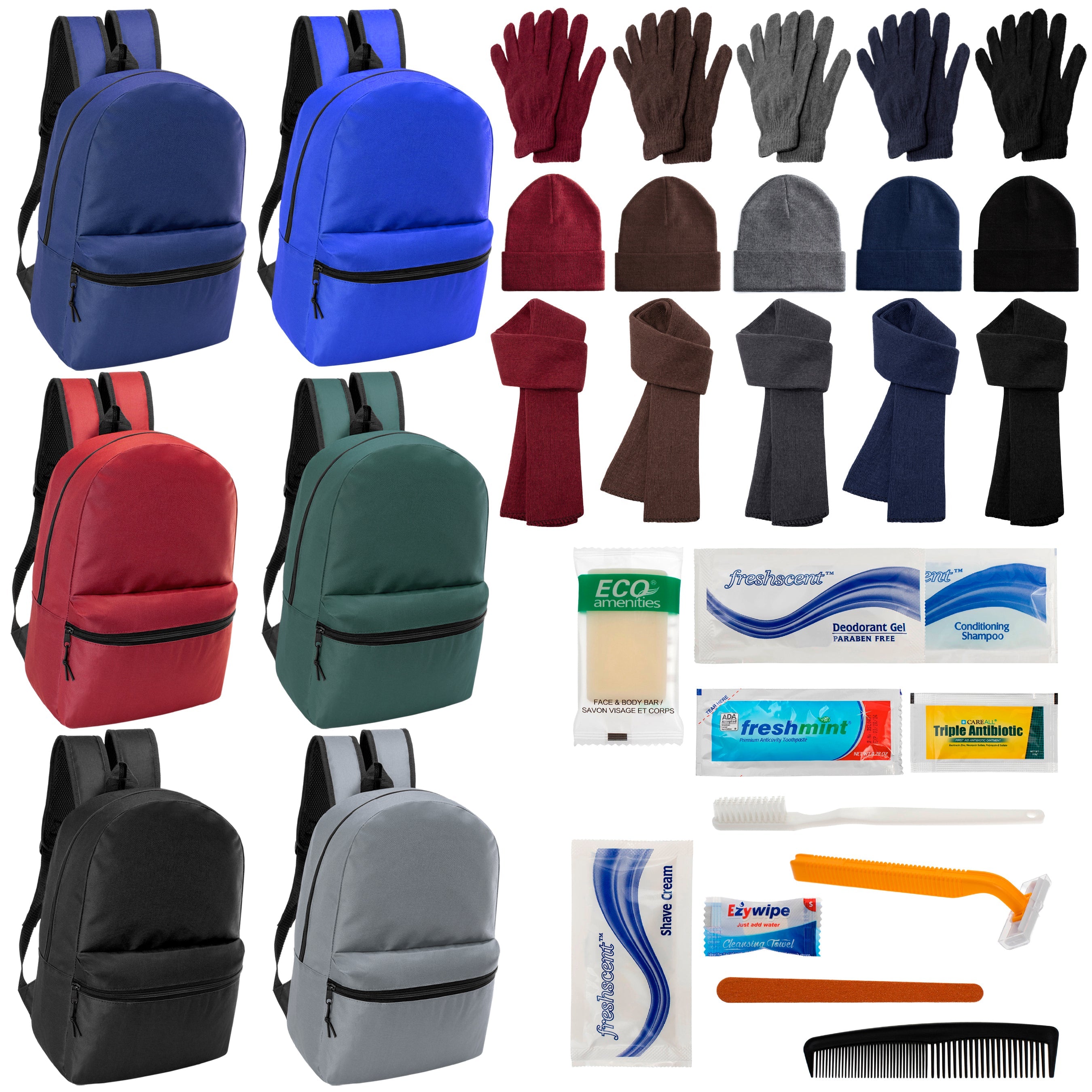 12 Basic 17" Backpacks in 6 Colors, 12 Winter Item Sets & Your Choice of 12 Bulk Hygiene Kits - Wholesale Homeless Care Package