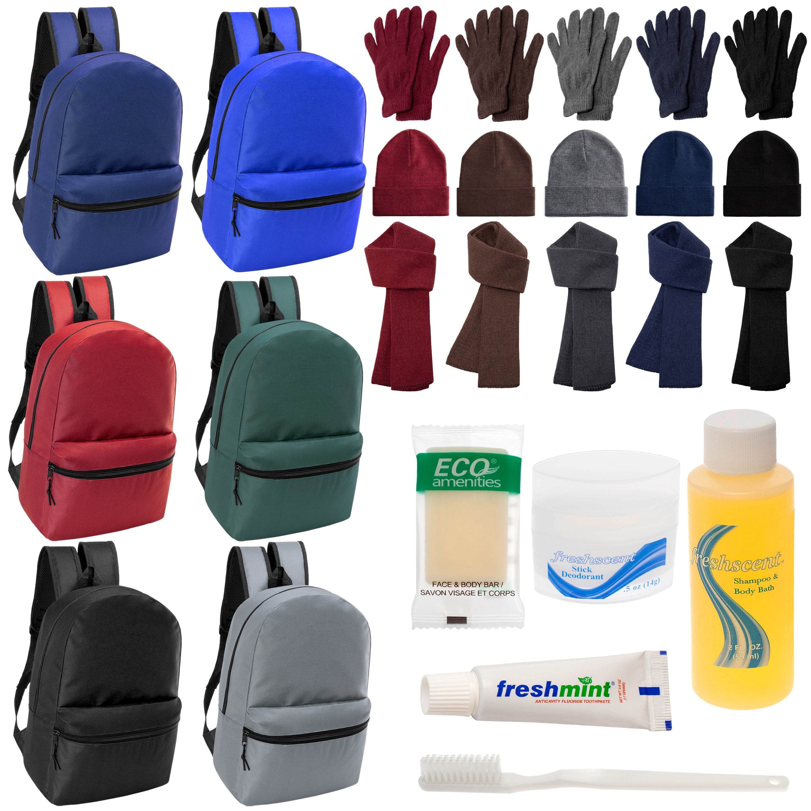 12 Basic 17" Backpacks in 6 Colors, 12 Winter Item Sets & Your Choice of 12 Bulk Hygiene Kits - Wholesale Homeless Care Package