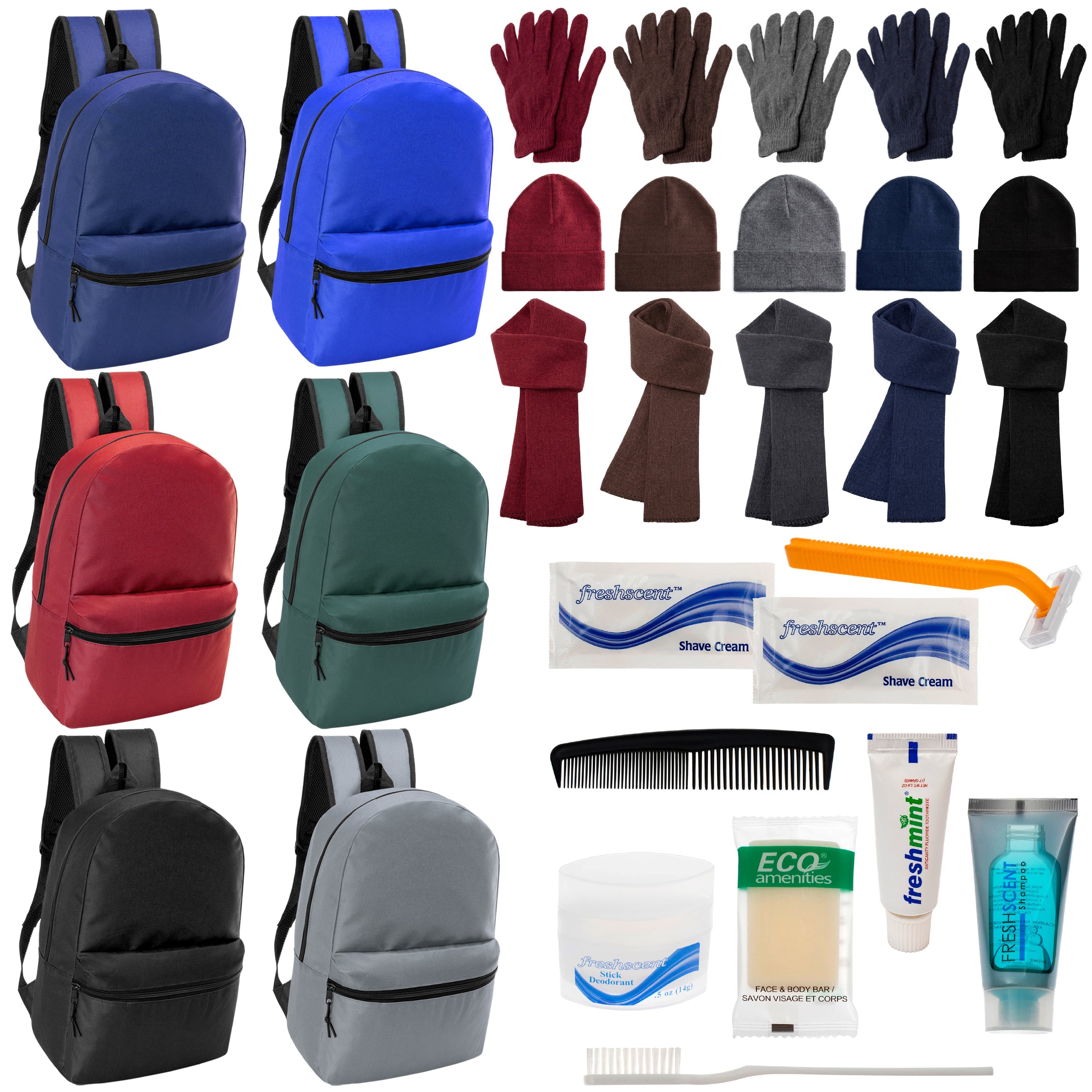 12 Basic 17" Backpacks in 6 Colors, 12 Winter Item Sets & Your Choice of 12 Bulk Hygiene Kits - Wholesale Homeless Care Package