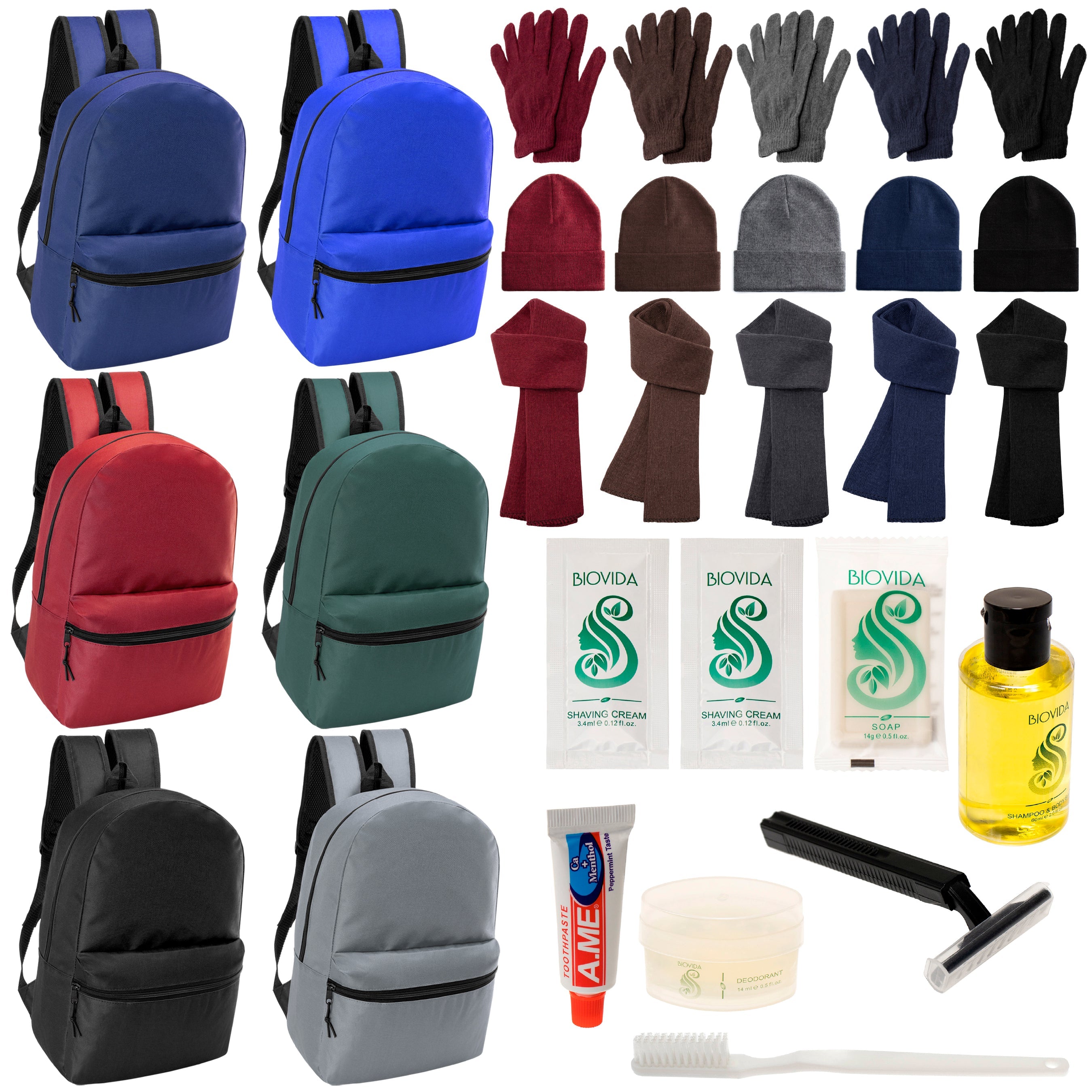 12 Basic 17" Backpacks in 6 Colors, 12 Winter Item Sets & Your Choice of 12 Bulk Hygiene Kits - Wholesale Homeless Care Package