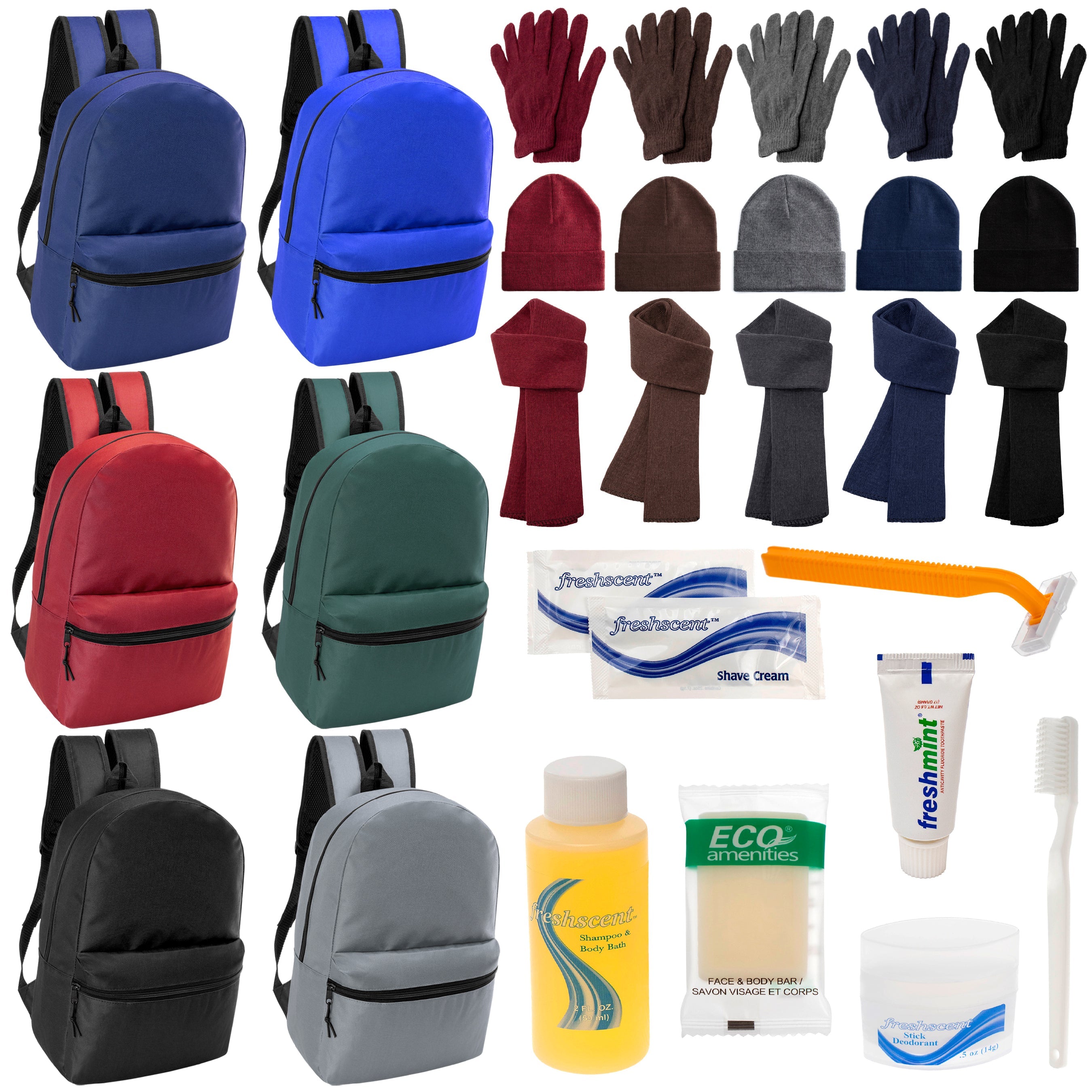 12 Basic 17" Backpacks in 6 Colors, 12 Winter Item Sets & Your Choice of 12 Bulk Hygiene Kits - Wholesale Homeless Care Package