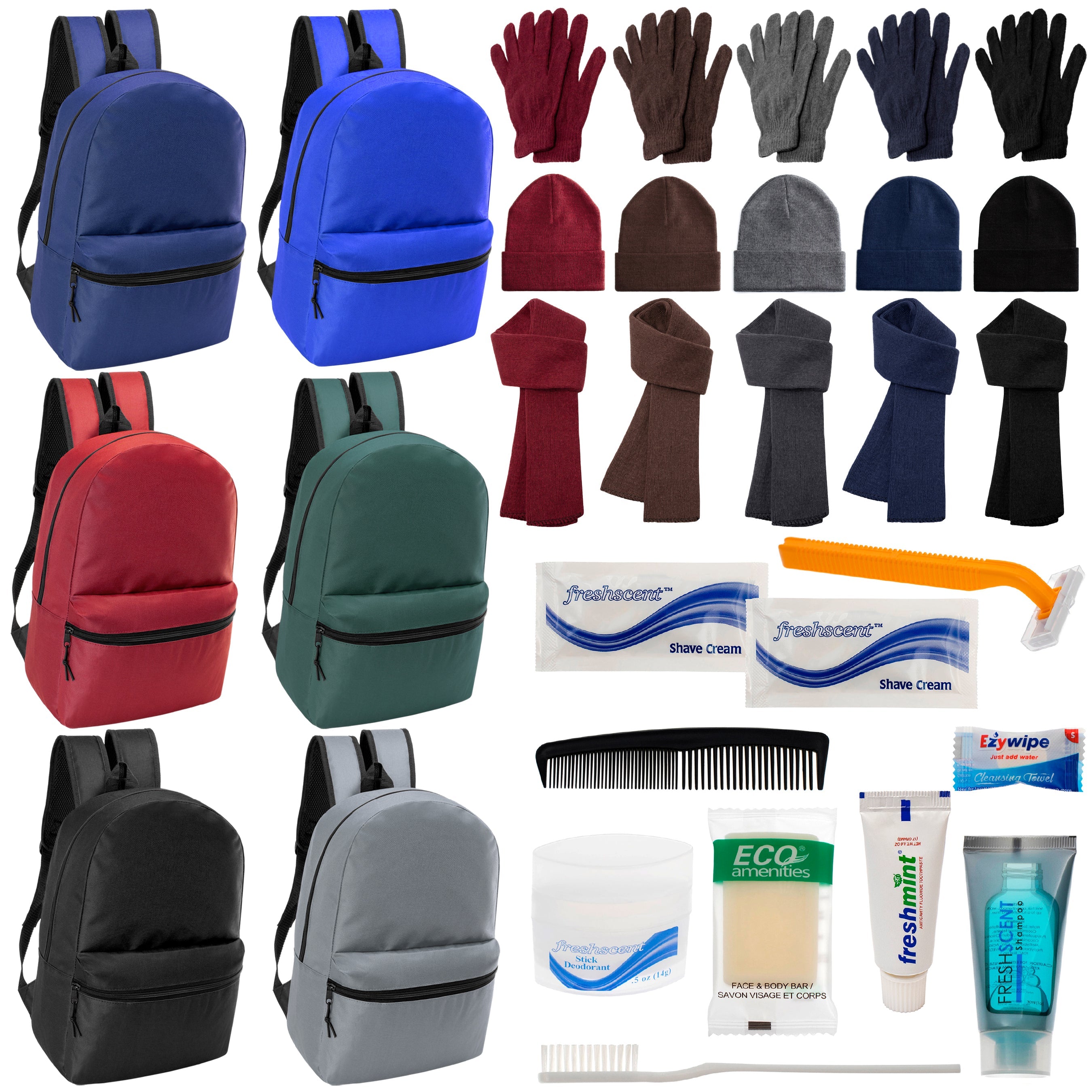 12 Basic 17" Backpacks in 6 Colors, 12 Winter Item Sets & Your Choice of 12 Bulk Hygiene Kits - Wholesale Homeless Care Package