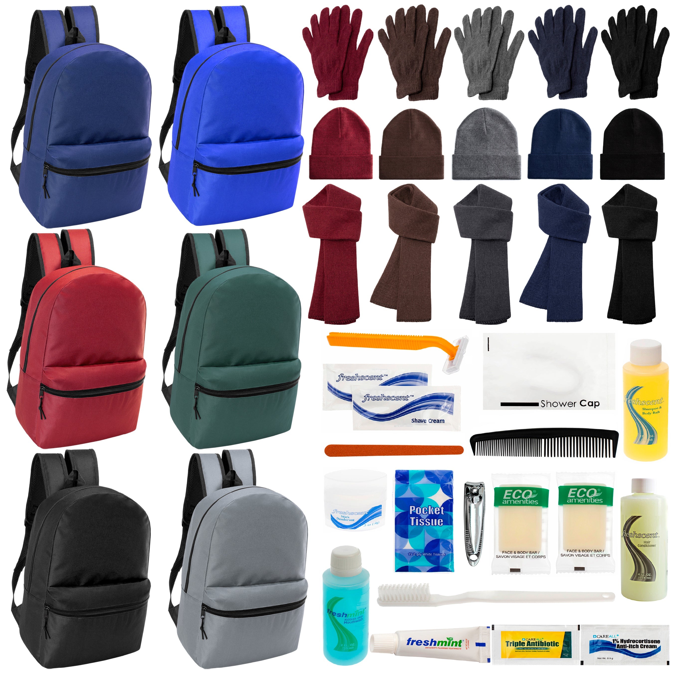 12 Basic 17" Backpacks in 6 Colors, 12 Winter Item Sets & Your Choice of 12 Bulk Hygiene Kits - Wholesale Homeless Care Package