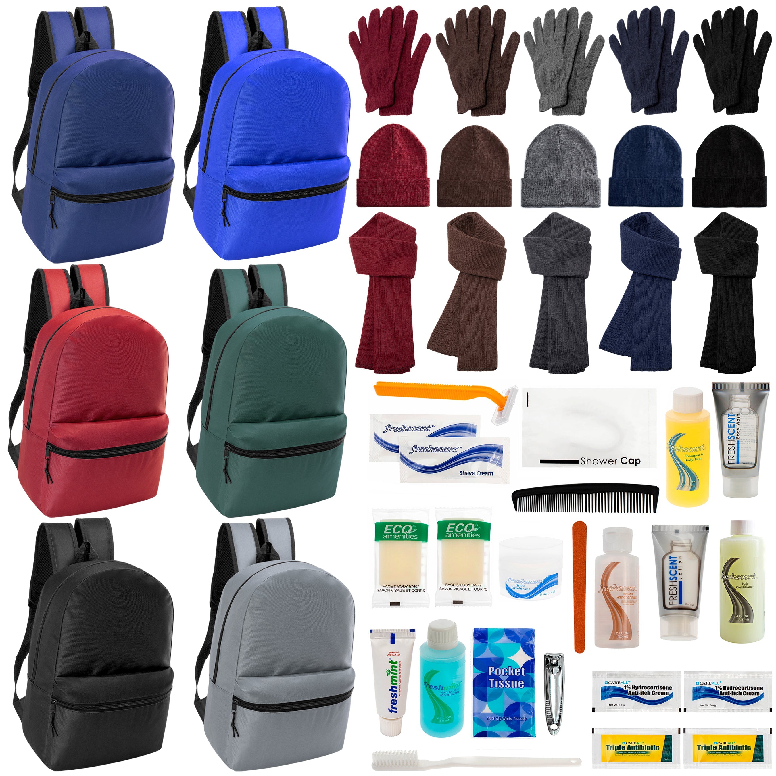 12 Basic 17" Backpacks in 6 Colors, 12 Winter Item Sets & Your Choice of 12 Bulk Hygiene Kits - Wholesale Homeless Care Package