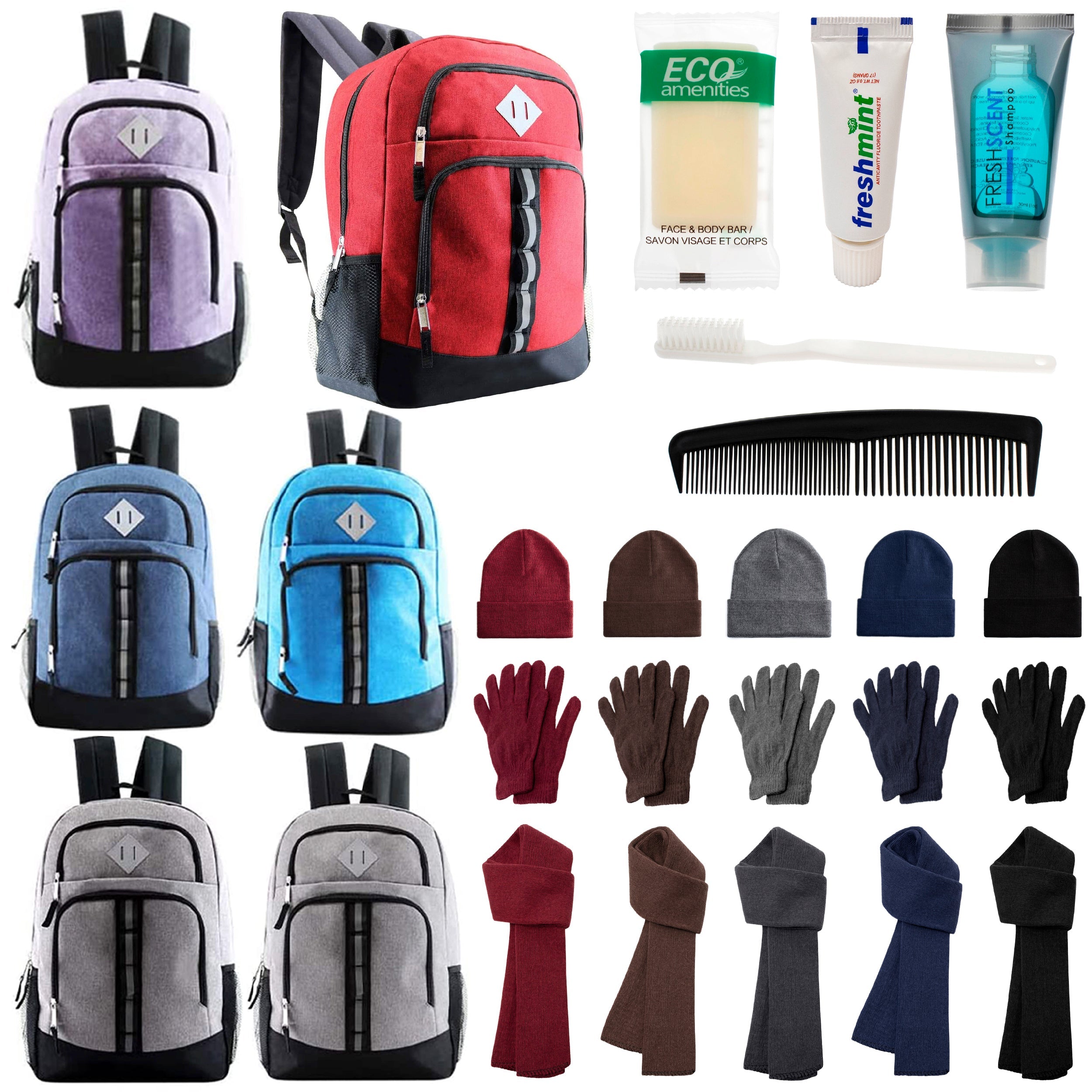 12 Deluxe 18" Backpacks in 6 Colors, 12 Winter Item Sets & Your Choice of 12 Bulk Hygiene Kits - Wholesale Homeless Care Package