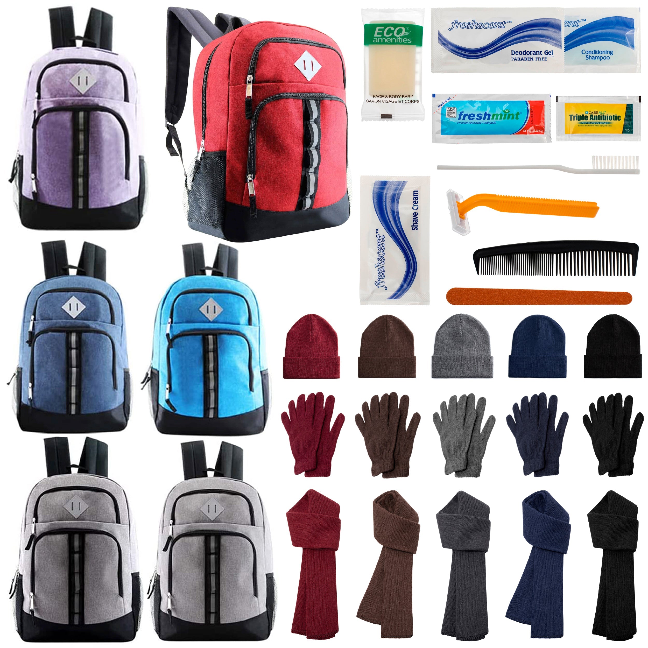 12 Deluxe 18" Backpacks in 6 Colors, 12 Winter Item Sets & Your Choice of 12 Bulk Hygiene Kits - Wholesale Homeless Care Package