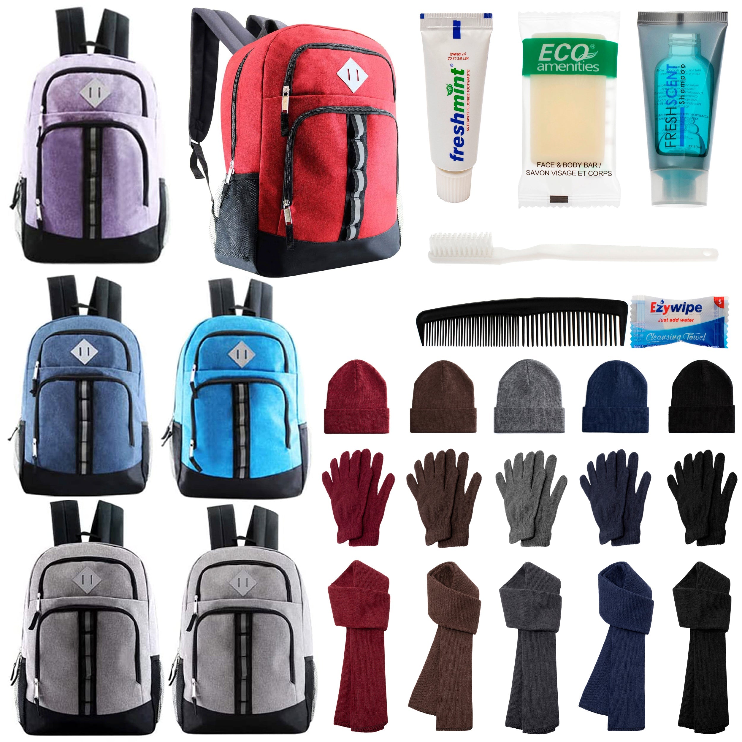 12 Deluxe 18" Backpacks in 6 Colors, 12 Winter Item Sets & Your Choice of 12 Bulk Hygiene Kits - Wholesale Homeless Care Package