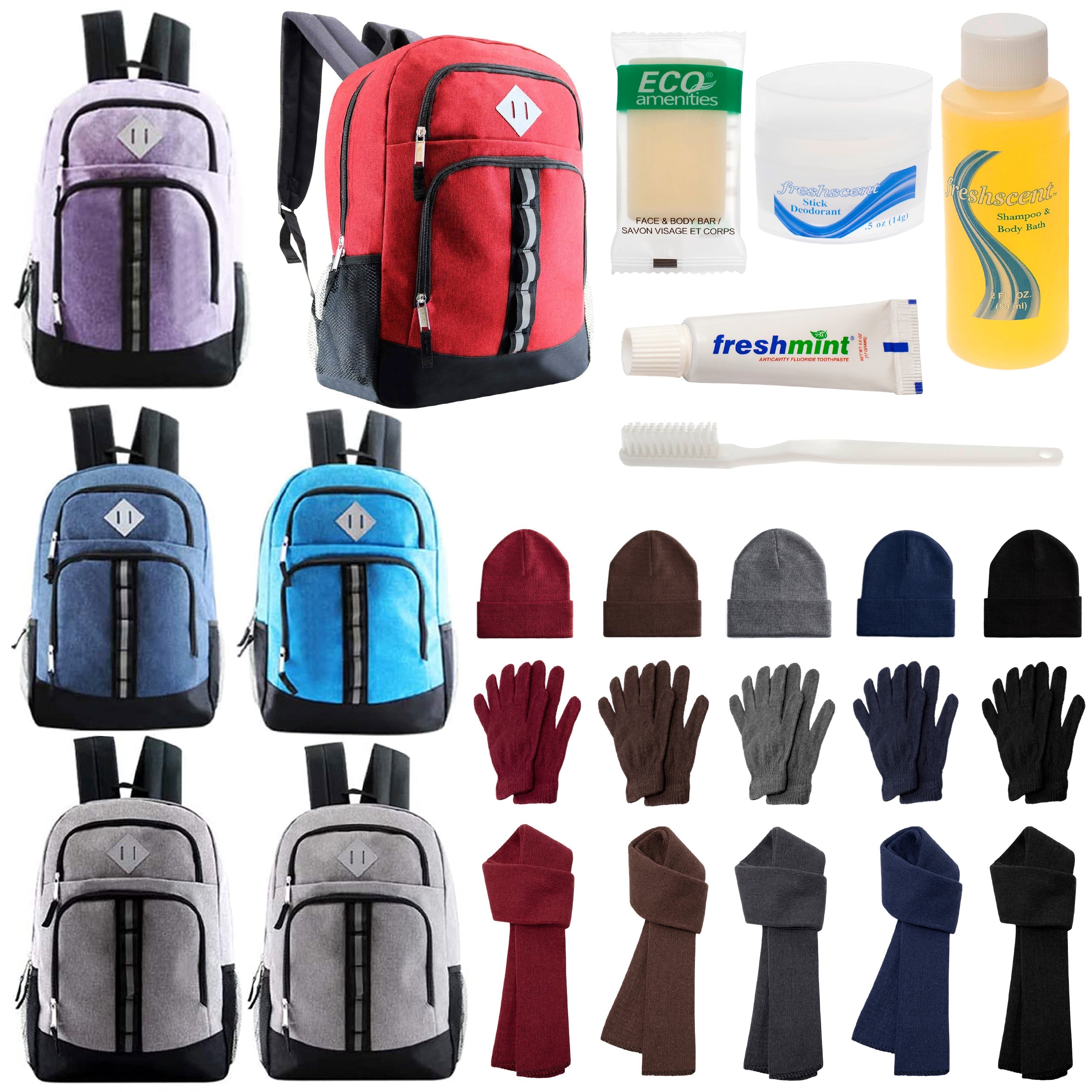 12 Deluxe 18" Backpacks in 6 Colors, 12 Winter Item Sets & Your Choice of 12 Bulk Hygiene Kits - Wholesale Homeless Care Package