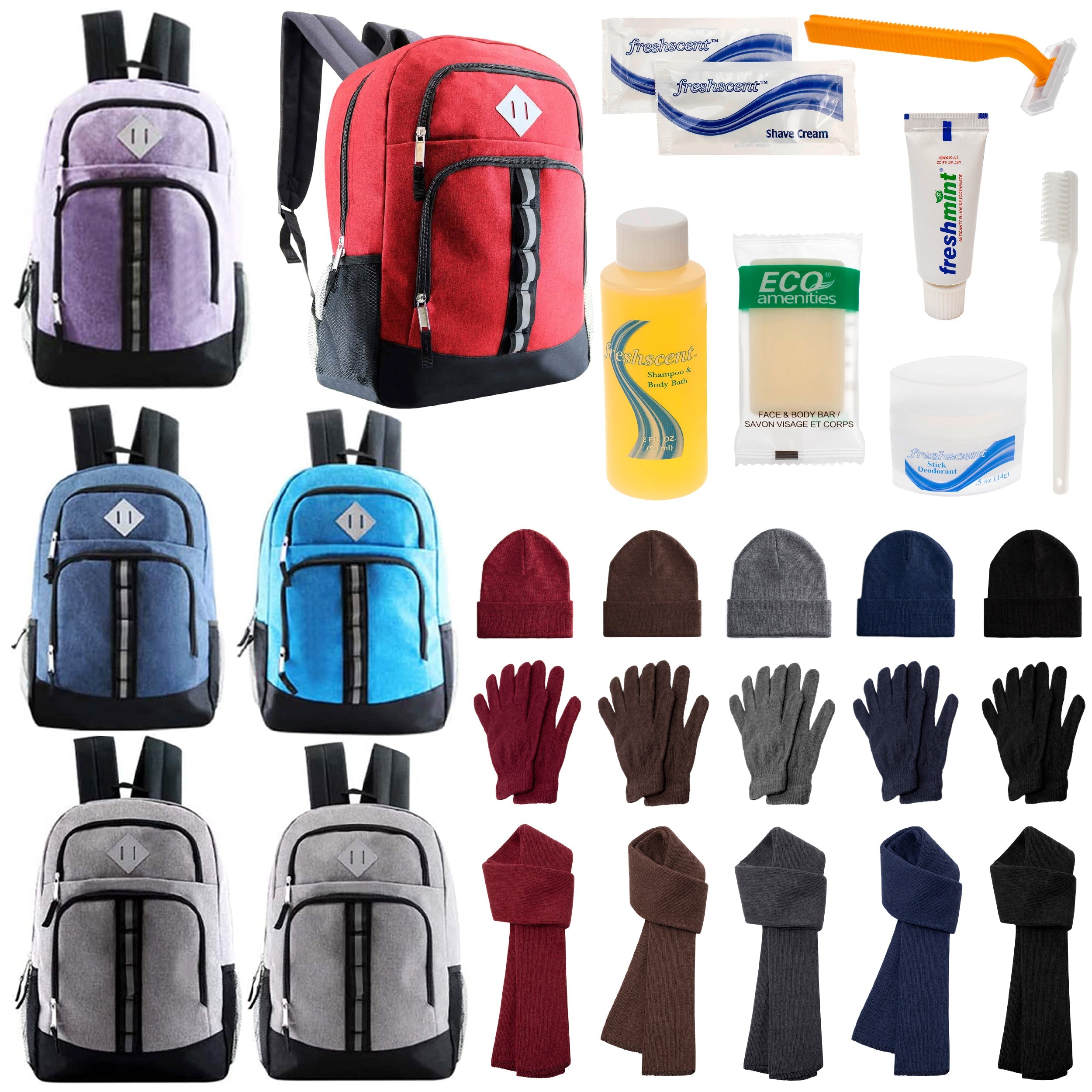 12 Deluxe 18" Backpacks in 6 Colors, 12 Winter Item Sets & Your Choice of 12 Bulk Hygiene Kits - Wholesale Homeless Care Package