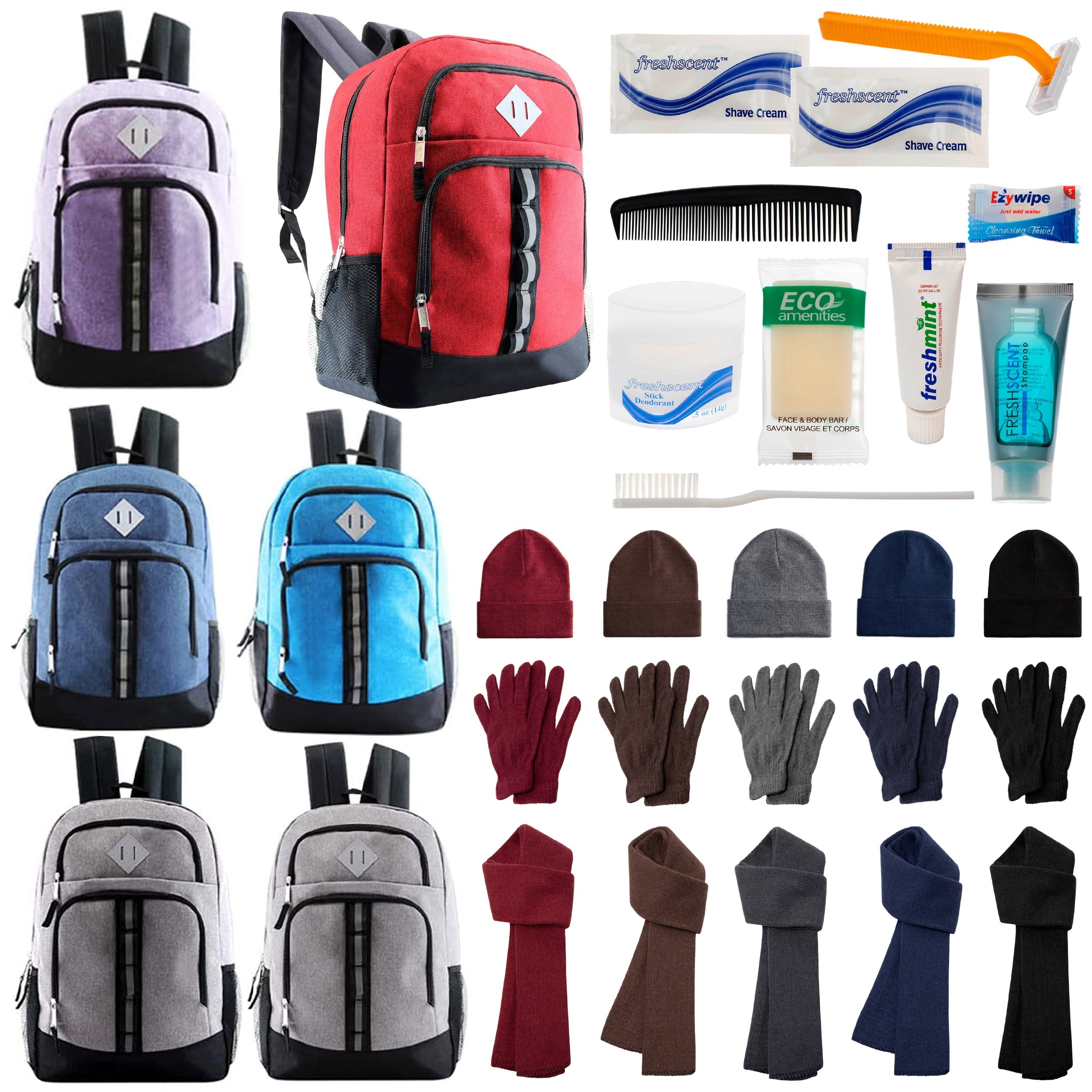 12 Deluxe 18" Backpacks in 6 Colors, 12 Winter Item Sets & Your Choice of 12 Bulk Hygiene Kits - Wholesale Homeless Care Package