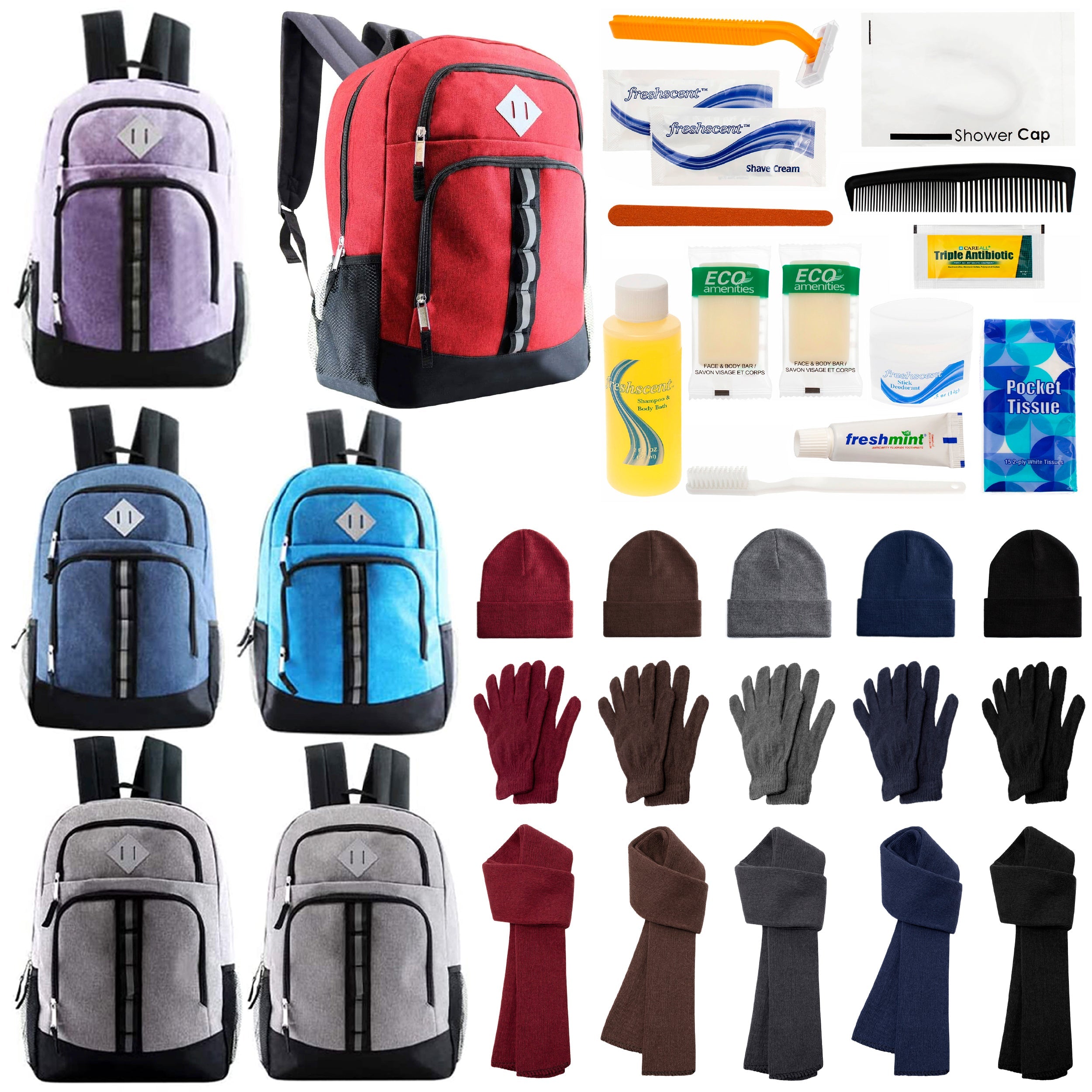 12 Deluxe 18" Backpacks in 6 Colors, 12 Winter Item Sets & Your Choice of 12 Bulk Hygiene Kits - Wholesale Homeless Care Package