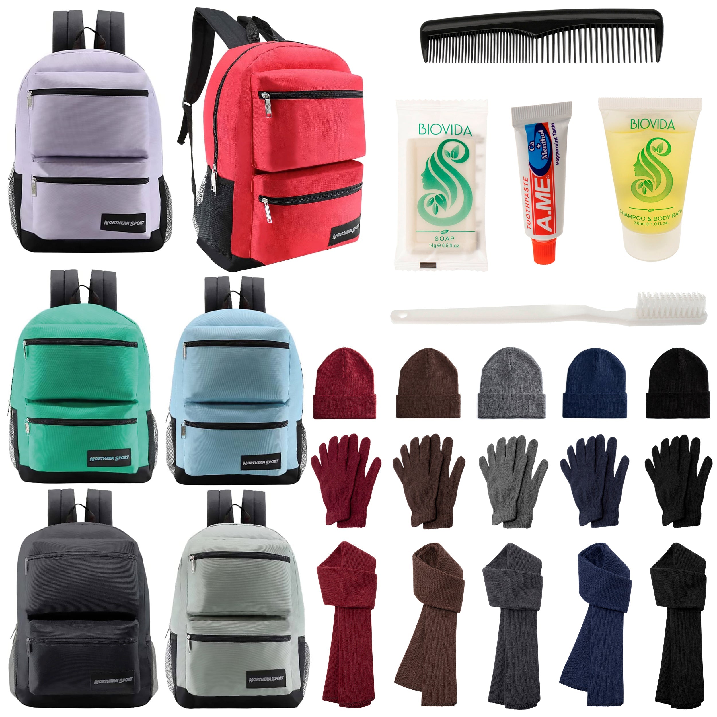 12 Deluxe 17" Backpacks with 3 Compartments, 12 Winter Item Sets & Your Choice of 12 Bulk Hygiene Kits - Wholesale Homeless Care Package