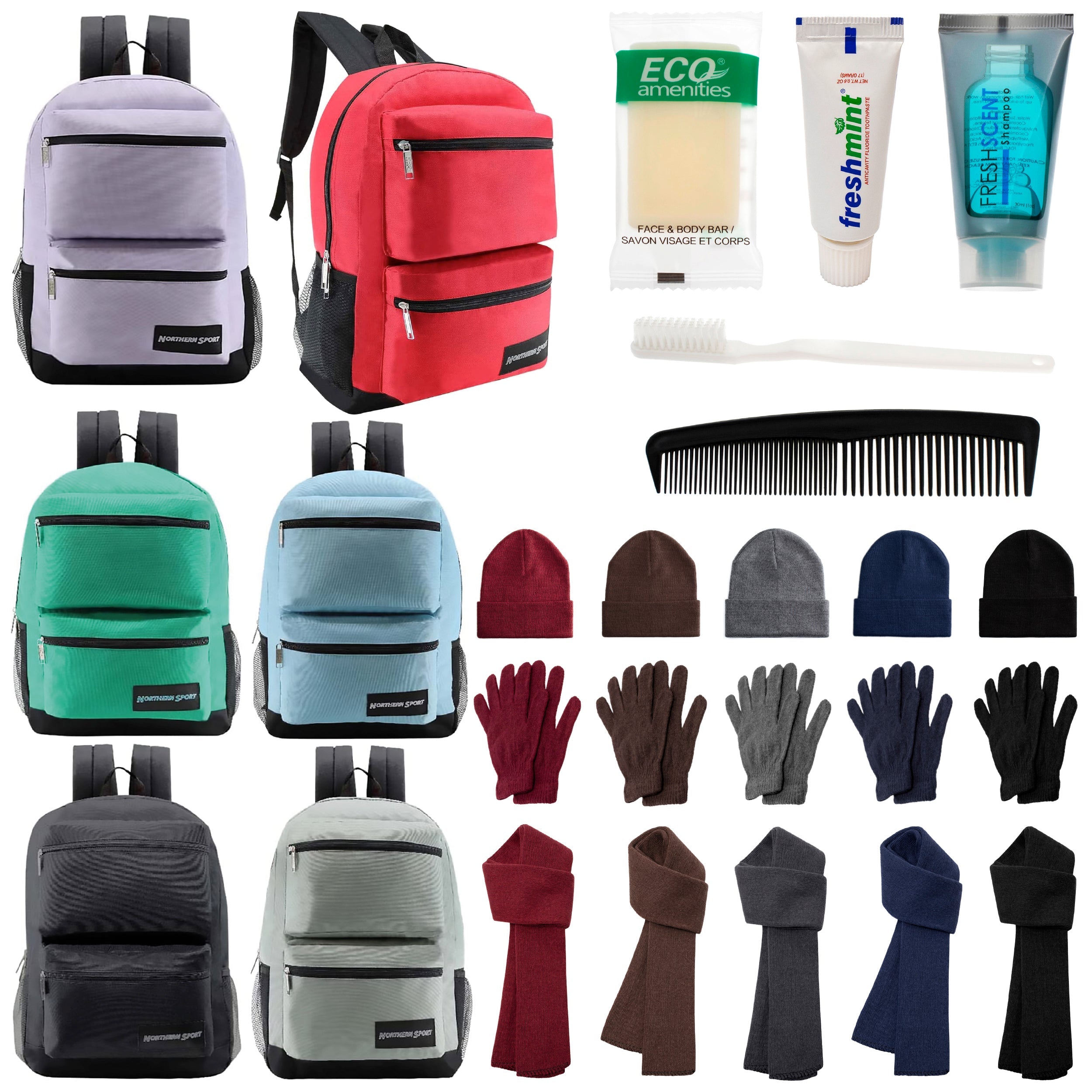 12 Deluxe 17" Backpacks with 3 Compartments, 12 Winter Item Sets & Your Choice of 12 Bulk Hygiene Kits - Wholesale Homeless Care Package