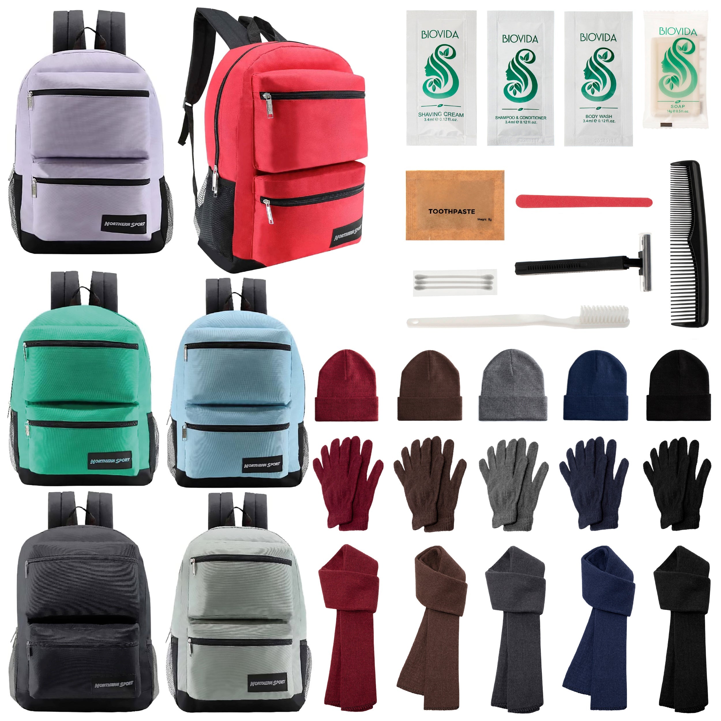 12 Deluxe 17" Backpacks with 3 Compartments, 12 Winter Item Sets & Your Choice of 12 Bulk Hygiene Kits - Wholesale Homeless Care Package