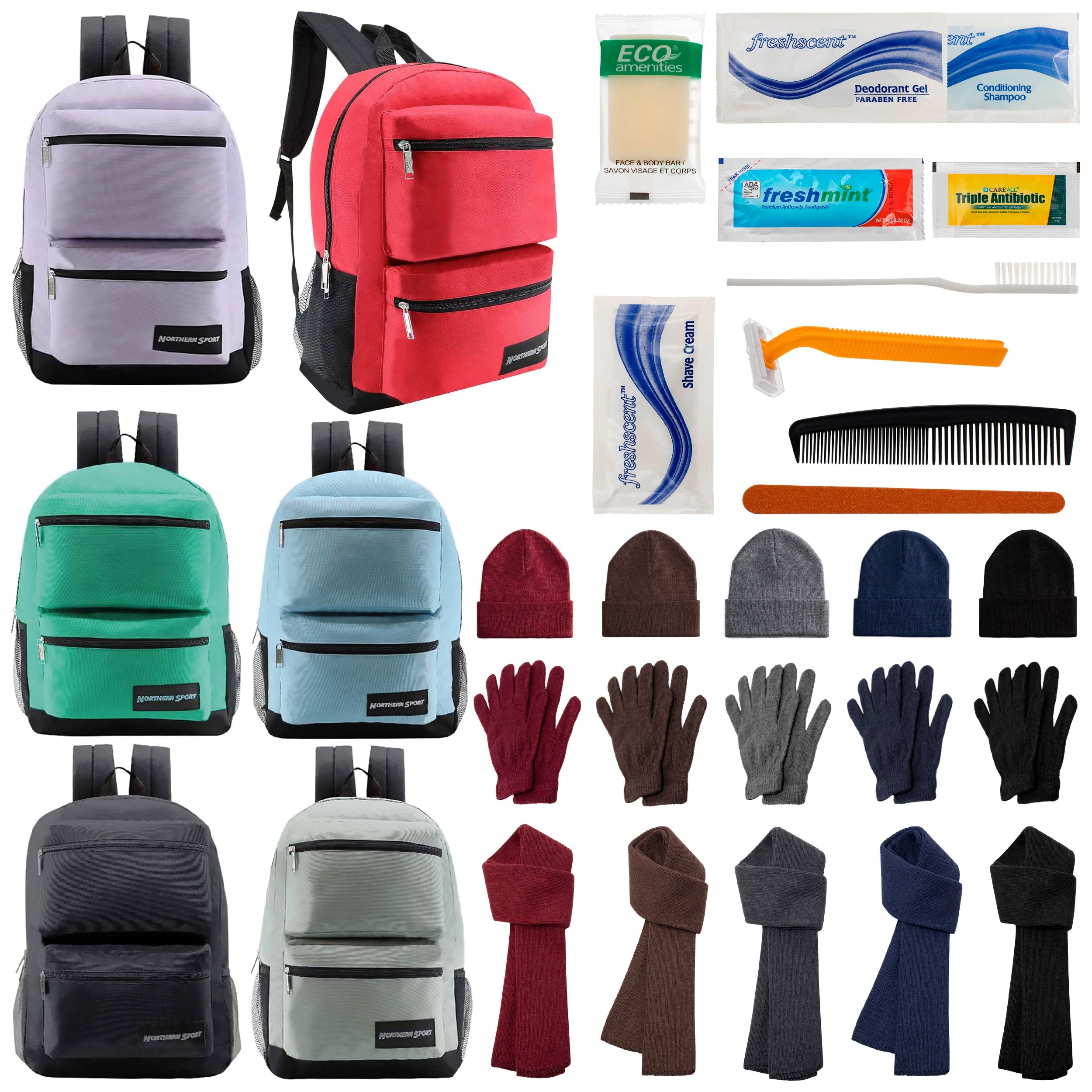 12 Deluxe 17" Backpacks with 3 Compartments, 12 Winter Item Sets & Your Choice of 12 Bulk Hygiene Kits - Wholesale Homeless Care Package