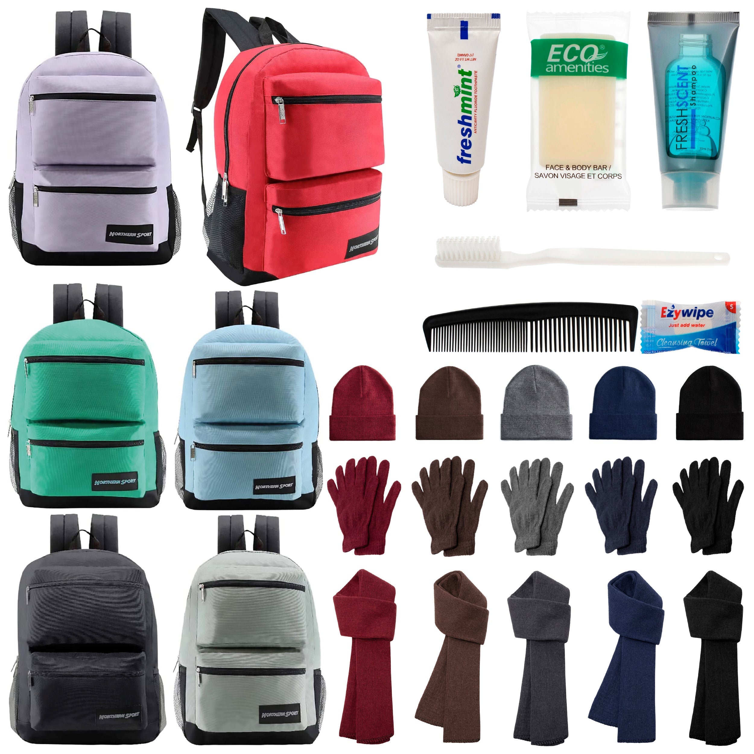 12 Deluxe 17" Backpacks with 3 Compartments, 12 Winter Item Sets & Your Choice of 12 Bulk Hygiene Kits - Wholesale Homeless Care Package