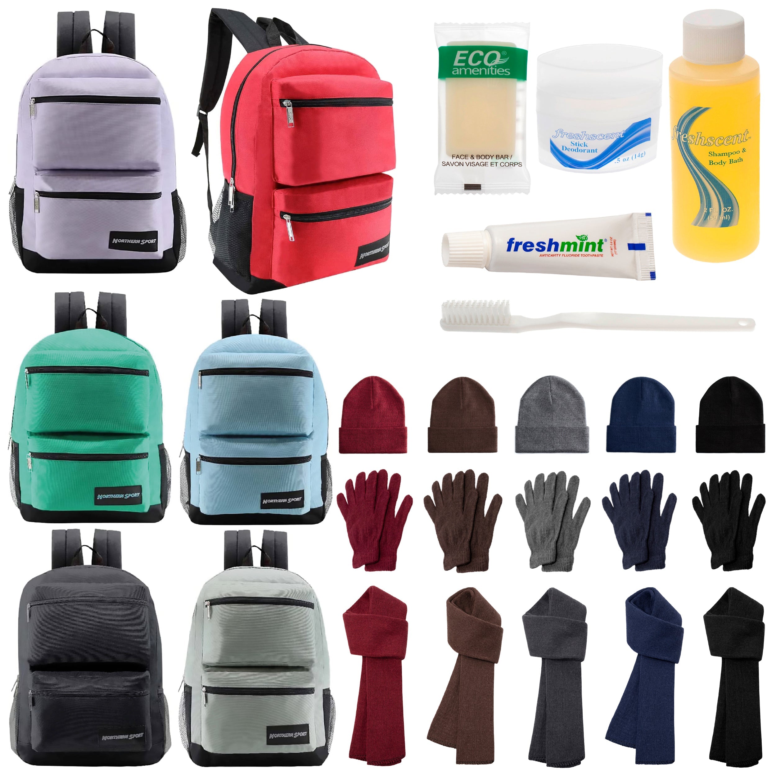 12 Deluxe 17" Backpacks with 3 Compartments, 12 Winter Item Sets & Your Choice of 12 Bulk Hygiene Kits - Wholesale Homeless Care Package