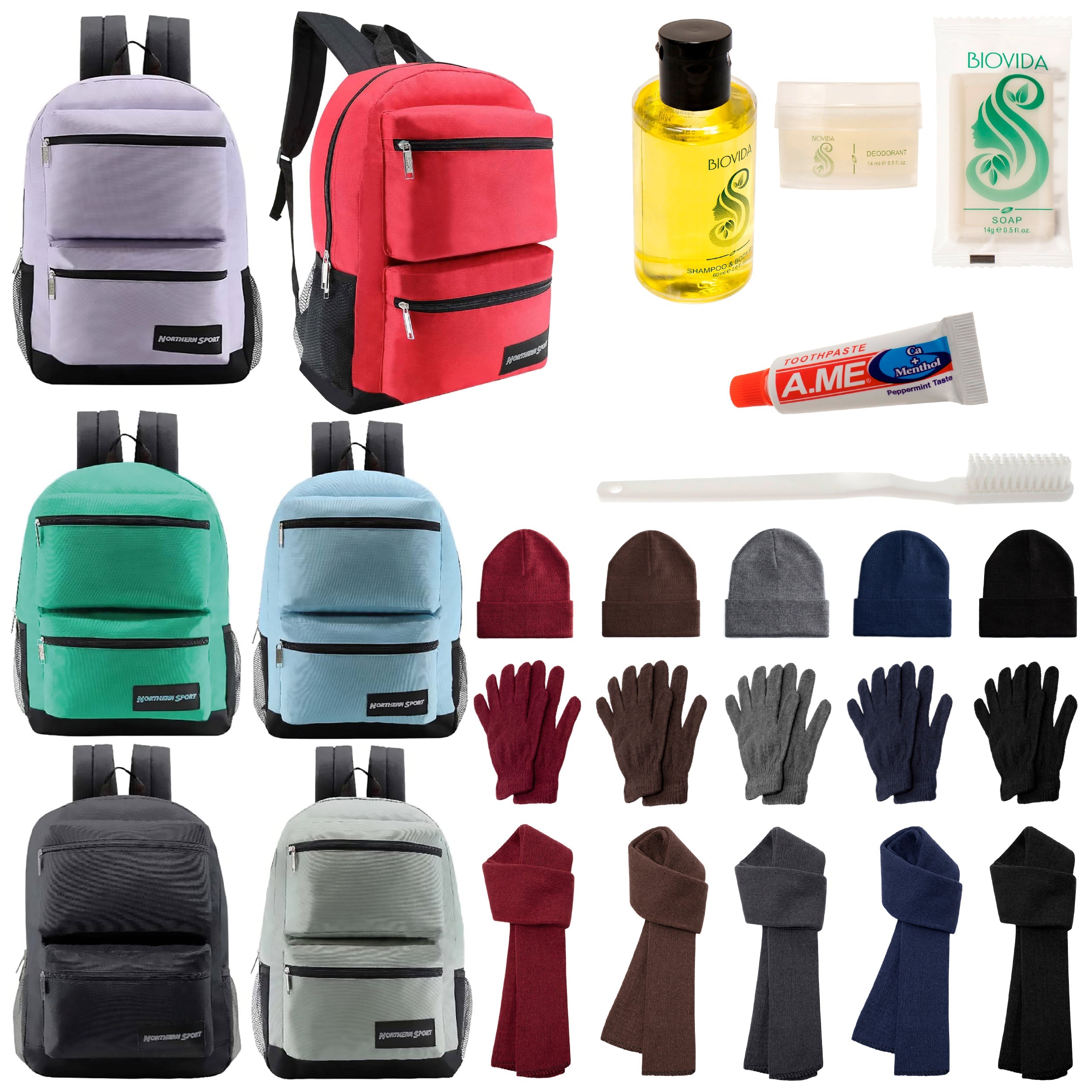 12 Deluxe 17" Backpacks with 3 Compartments, 12 Winter Item Sets & Your Choice of 12 Bulk Hygiene Kits - Wholesale Homeless Care Package