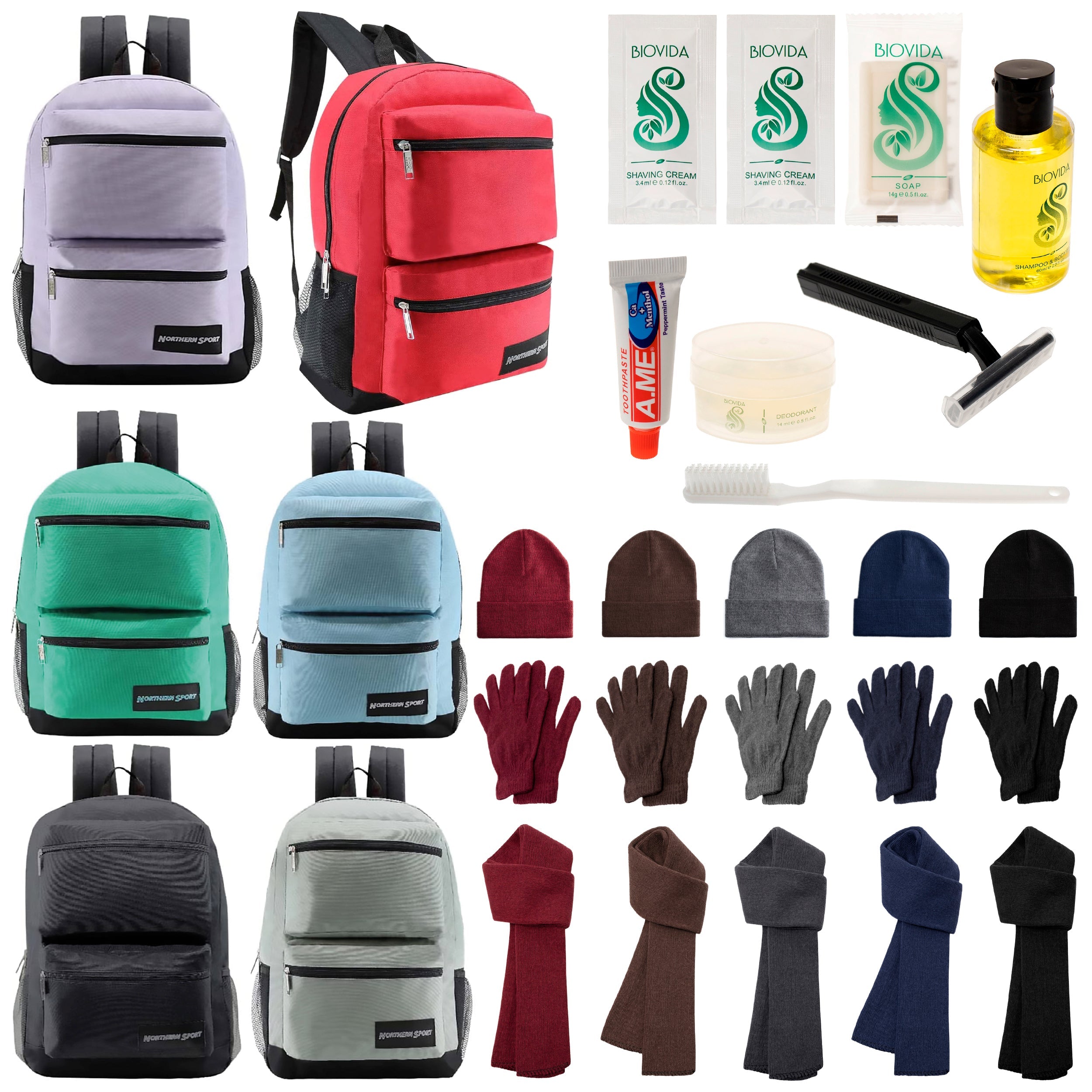 12 Deluxe 17" Backpacks with 3 Compartments, 12 Winter Item Sets & Your Choice of 12 Bulk Hygiene Kits - Wholesale Homeless Care Package