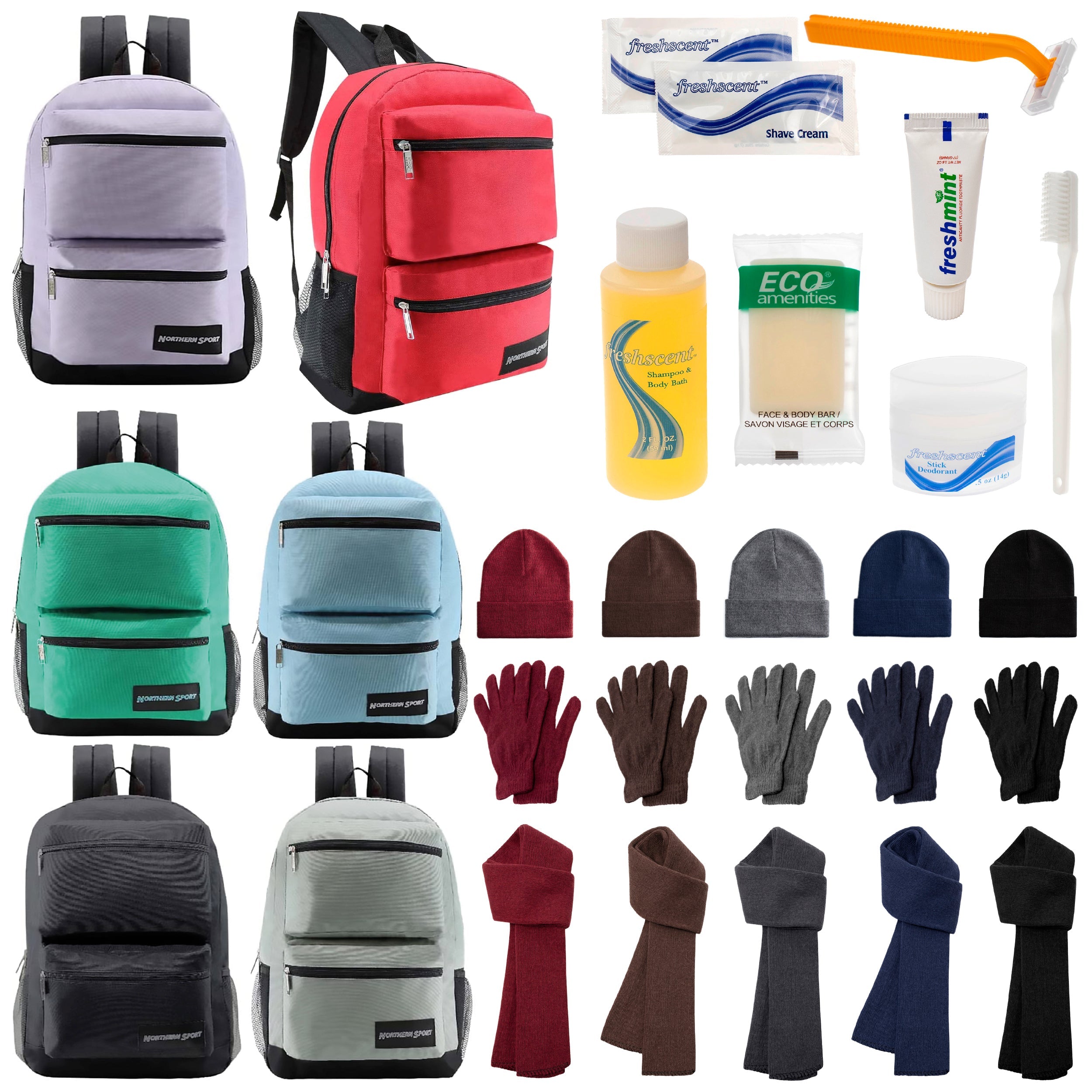 12 Deluxe 17" Backpacks with 3 Compartments, 12 Winter Item Sets & Your Choice of 12 Bulk Hygiene Kits - Wholesale Homeless Care Package