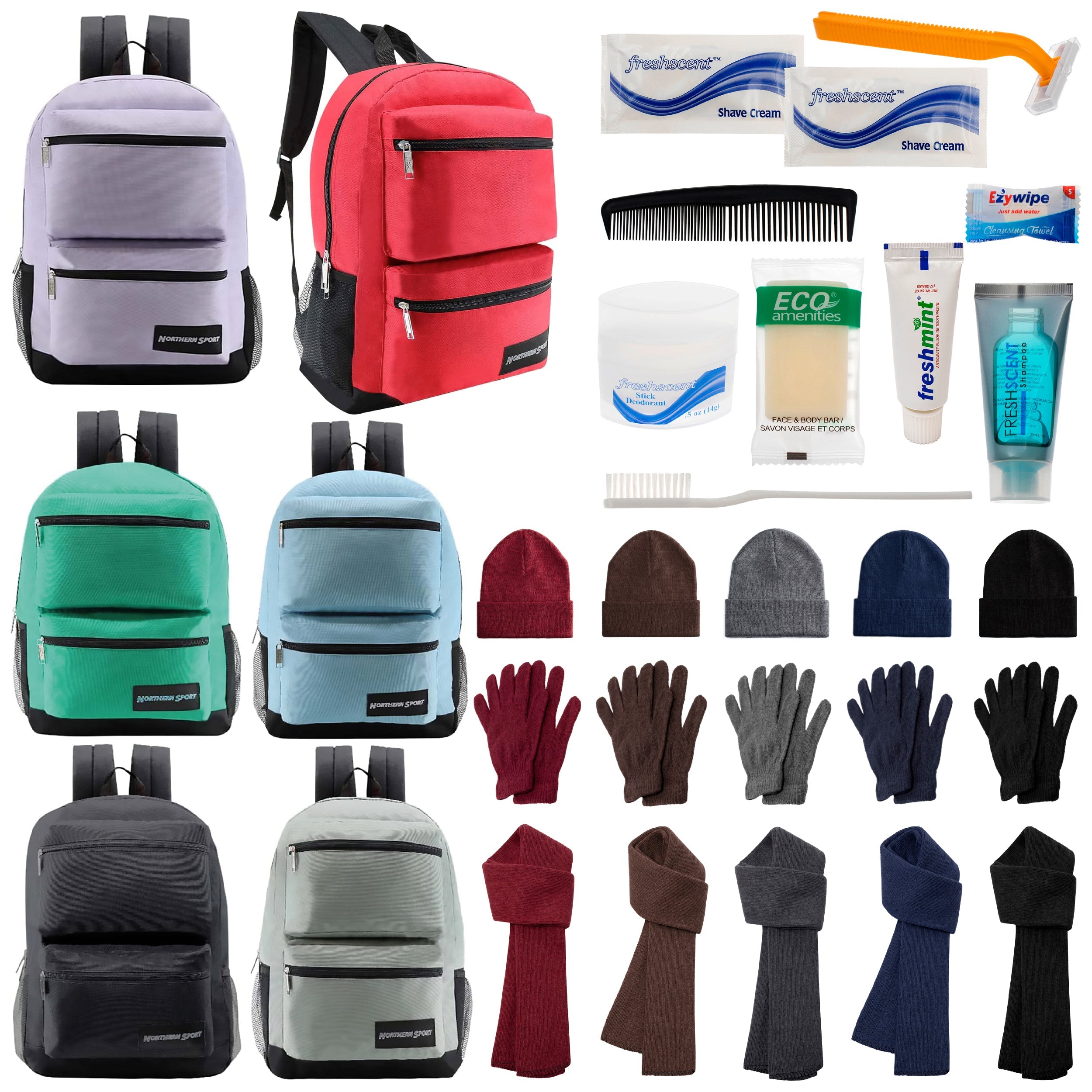 12 Deluxe 17" Backpacks with 3 Compartments, 12 Winter Item Sets & Your Choice of 12 Bulk Hygiene Kits - Wholesale Homeless Care Package