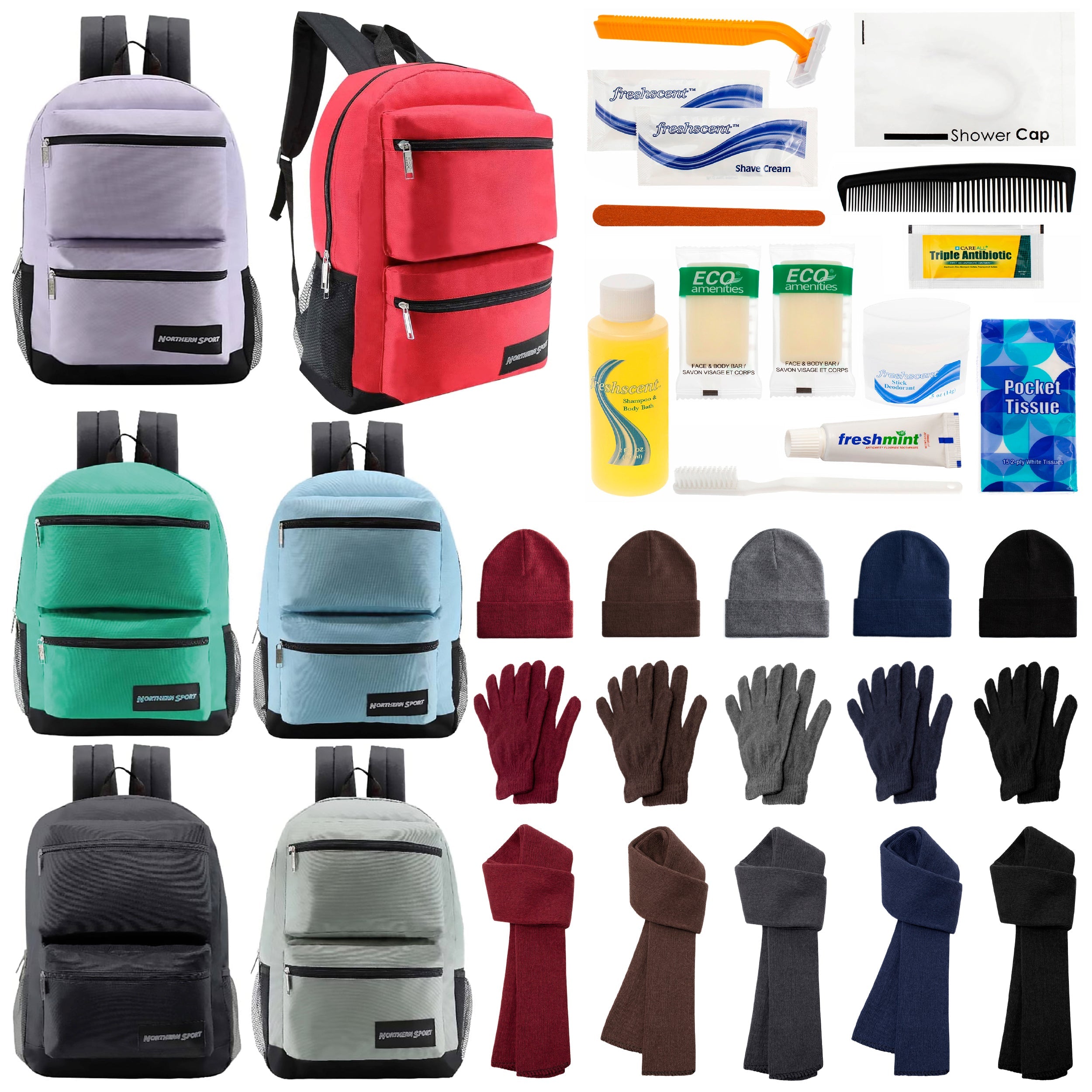 12 Deluxe 17" Backpacks with 3 Compartments, 12 Winter Item Sets & Your Choice of 12 Bulk Hygiene Kits - Wholesale Homeless Care Package