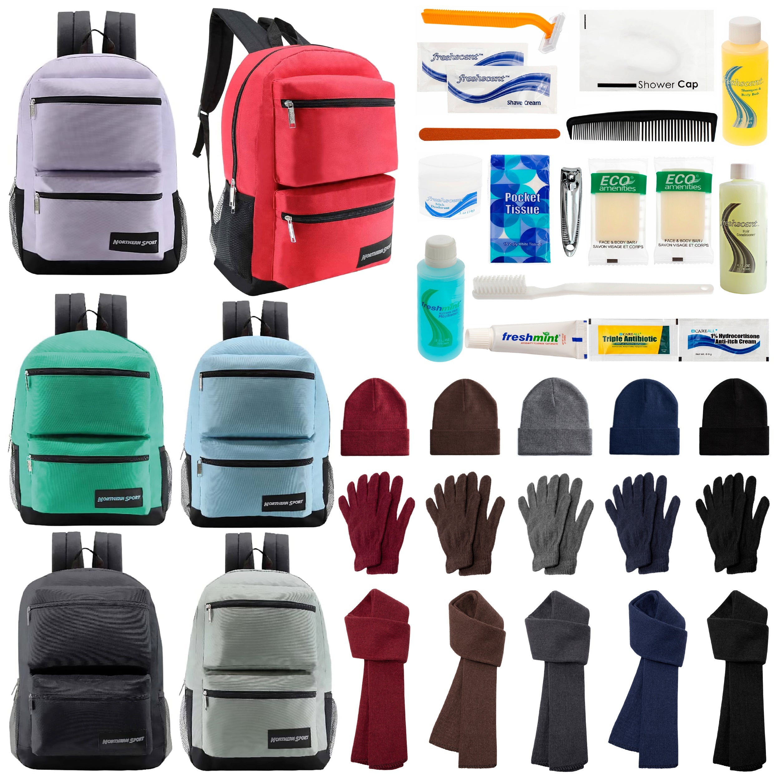 12 Deluxe 17" Backpacks with 3 Compartments, 12 Winter Item Sets & Your Choice of 12 Bulk Hygiene Kits - Wholesale Homeless Care Package