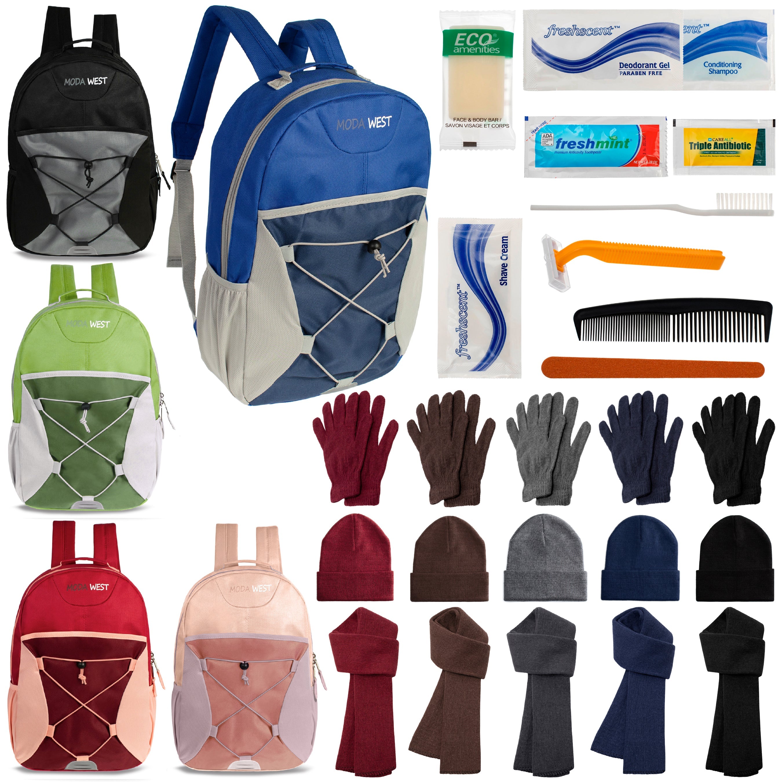 12 Bungee 17" Backpacks in 5 Colors, 12 Winter Item Sets & Your Choice of 12 Bulk Hygiene Kits - Wholesale Homeless Care Package