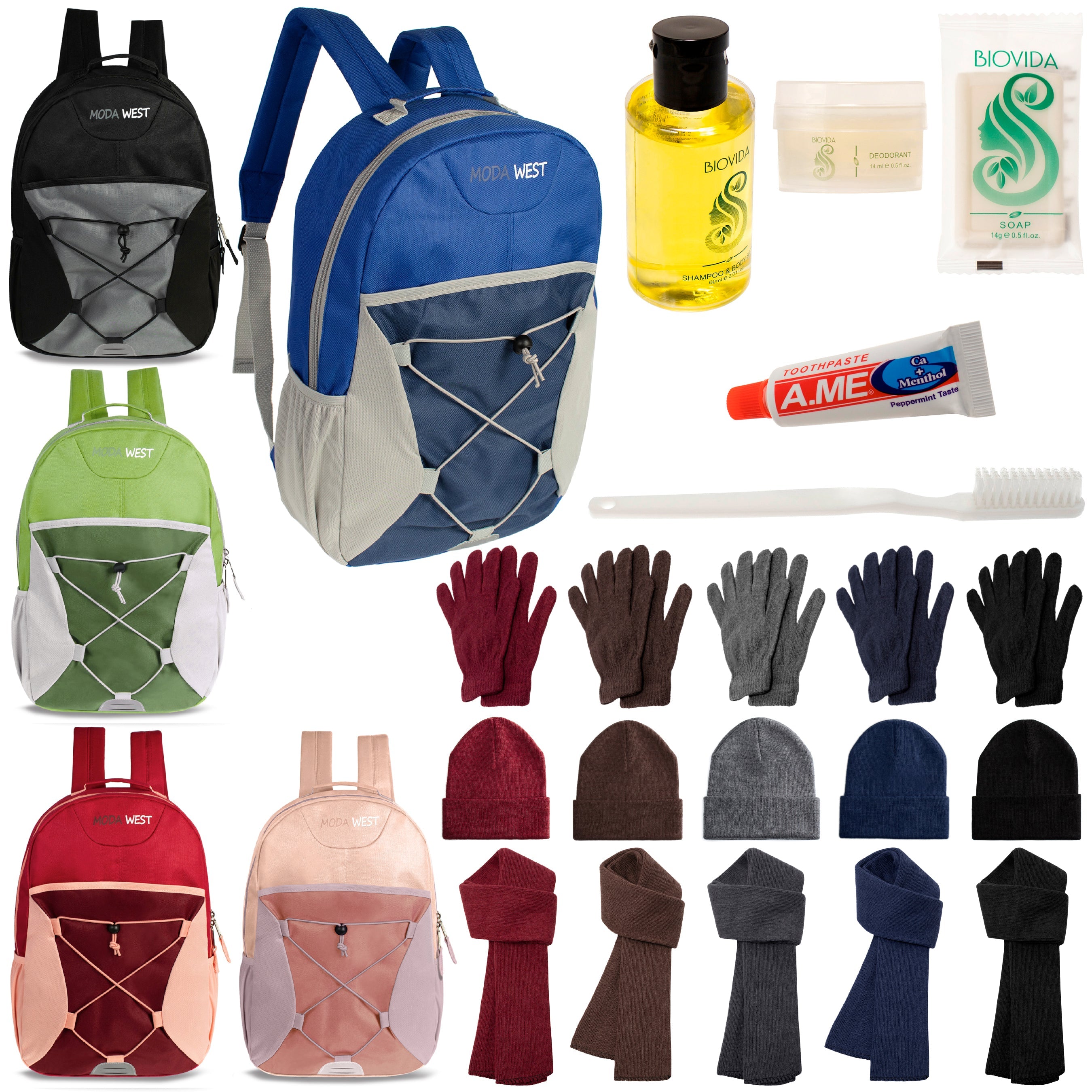 12 Bungee 17" Backpacks in 5 Colors, 12 Winter Item Sets & Your Choice of 12 Bulk Hygiene Kits - Wholesale Homeless Care Package