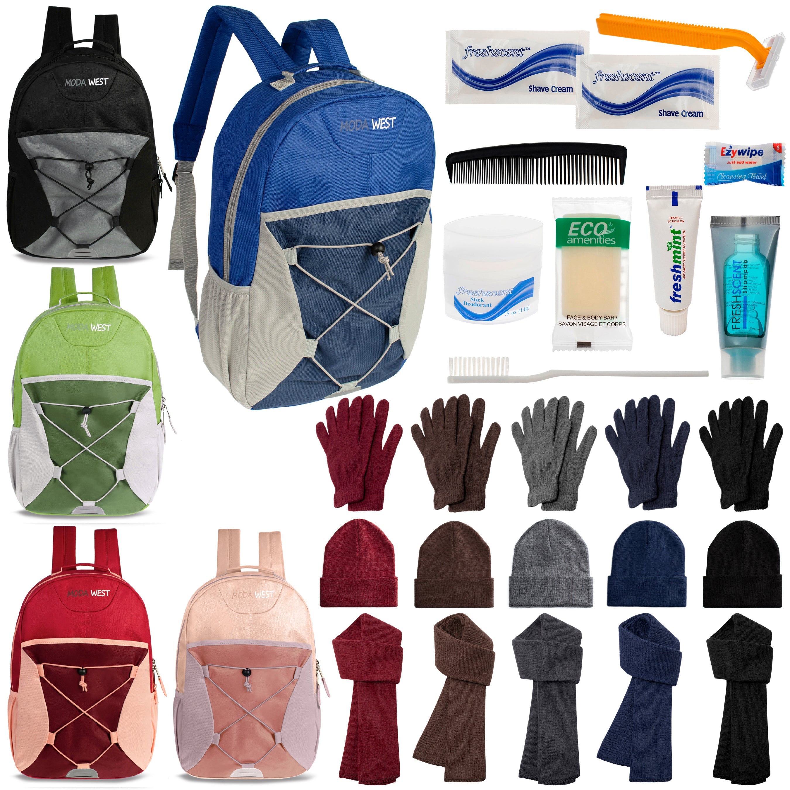 12 Bungee 17" Backpacks in 5 Colors, 12 Winter Item Sets & Your Choice of 12 Bulk Hygiene Kits - Wholesale Homeless Care Package