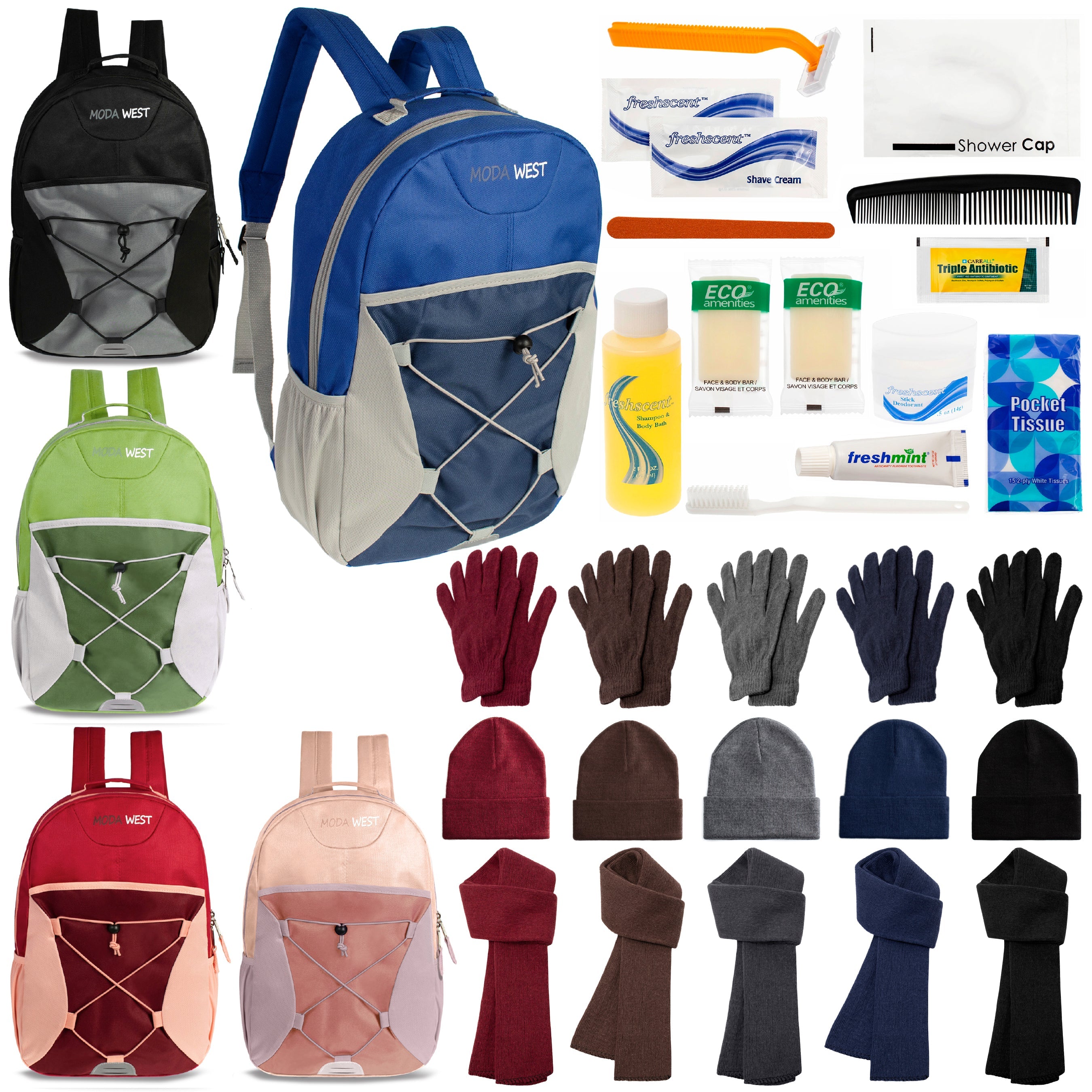 12 Bungee 17" Backpacks in 5 Colors, 12 Winter Item Sets & Your Choice of 12 Bulk Hygiene Kits - Wholesale Homeless Care Package