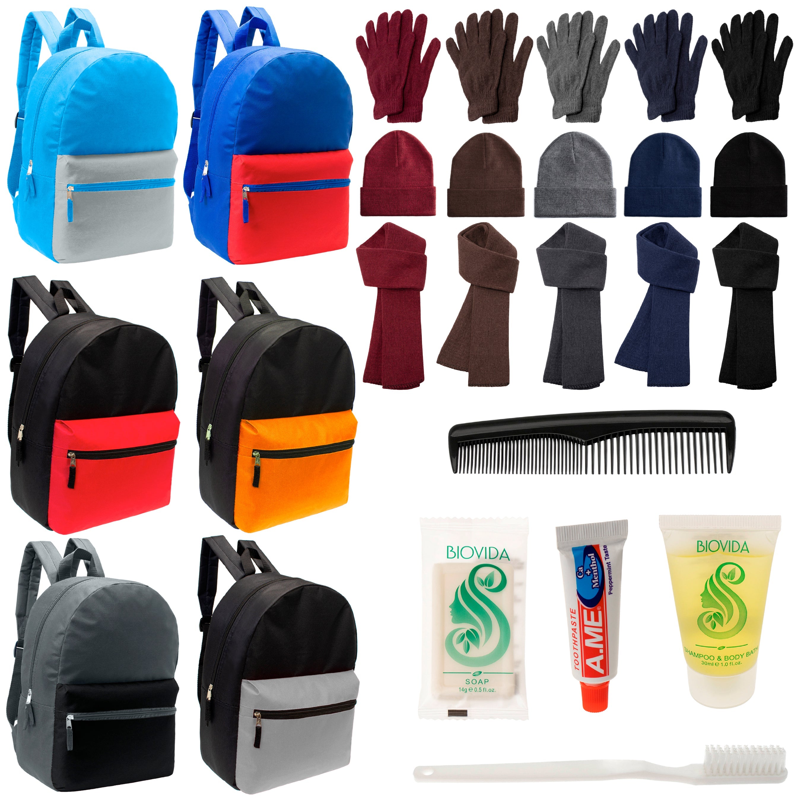 12 Multi Color Basic 17" Backpacks, 12 Winter Item Sets & Your Choice of 12 Bulk Hygiene Kits - Wholesale Homeless Care Package