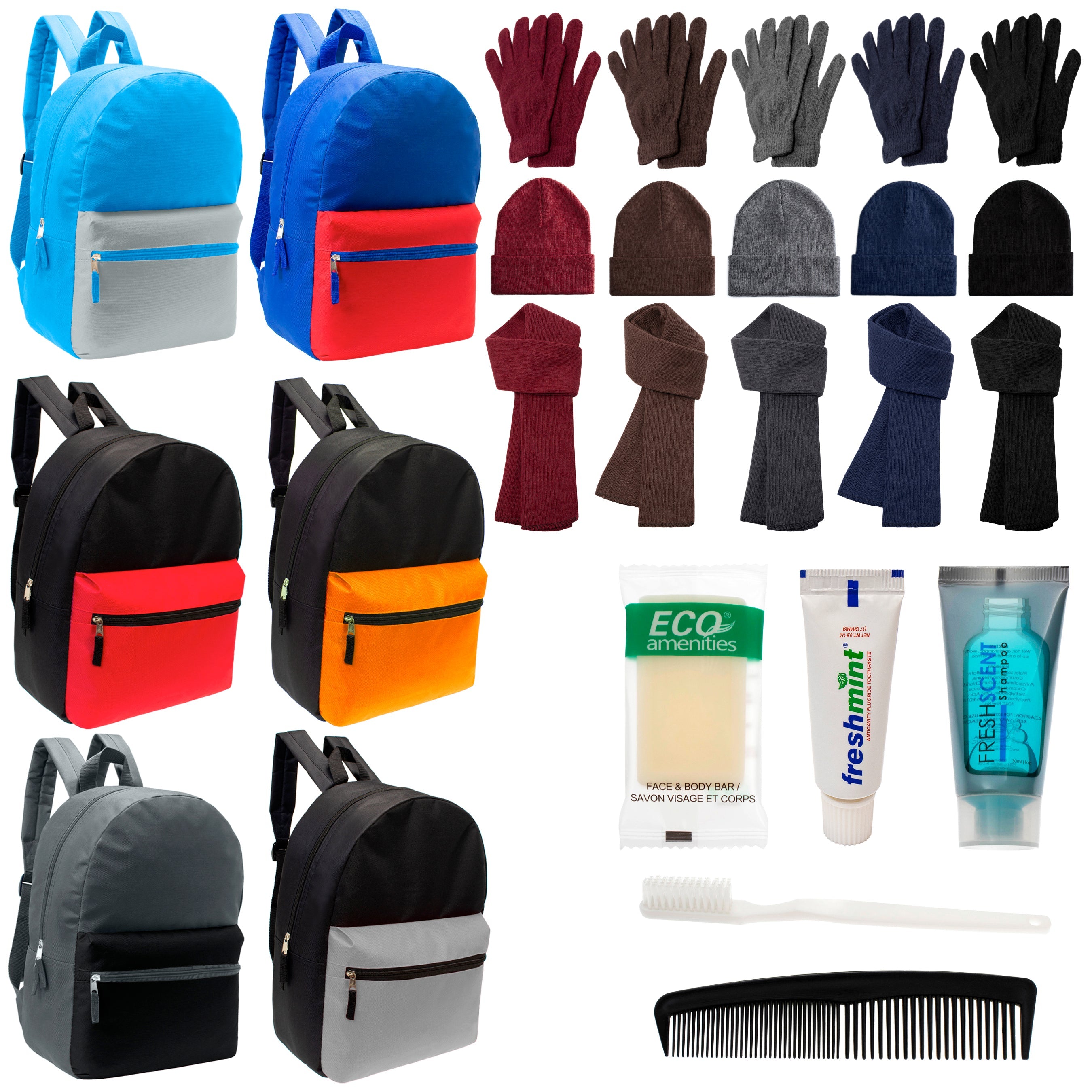 12 Multi Color Basic 17" Backpacks, 12 Winter Item Sets & Your Choice of 12 Bulk Hygiene Kits - Wholesale Homeless Care Package