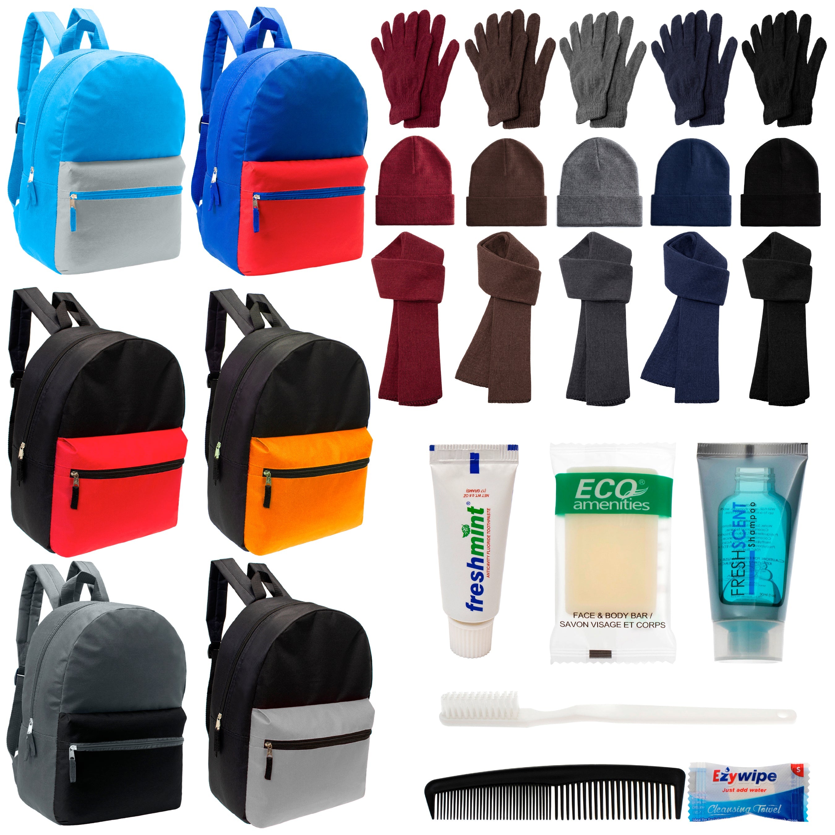 12 Multi Color Basic 17" Backpacks, 12 Winter Item Sets & Your Choice of 12 Bulk Hygiene Kits - Wholesale Homeless Care Package