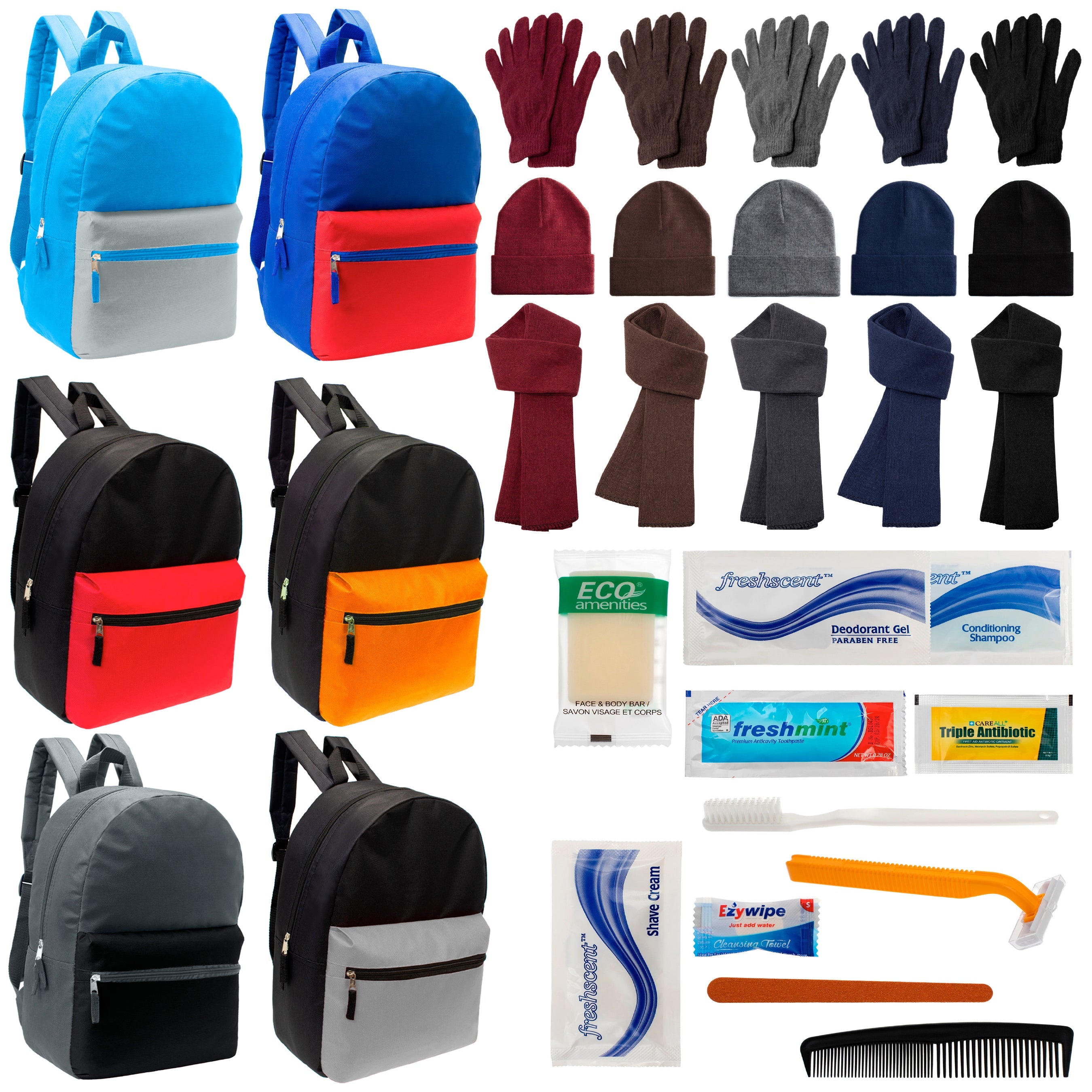 12 Multi Color Basic 17" Backpacks, 12 Winter Item Sets & Your Choice of 12 Bulk Hygiene Kits - Wholesale Homeless Care Package