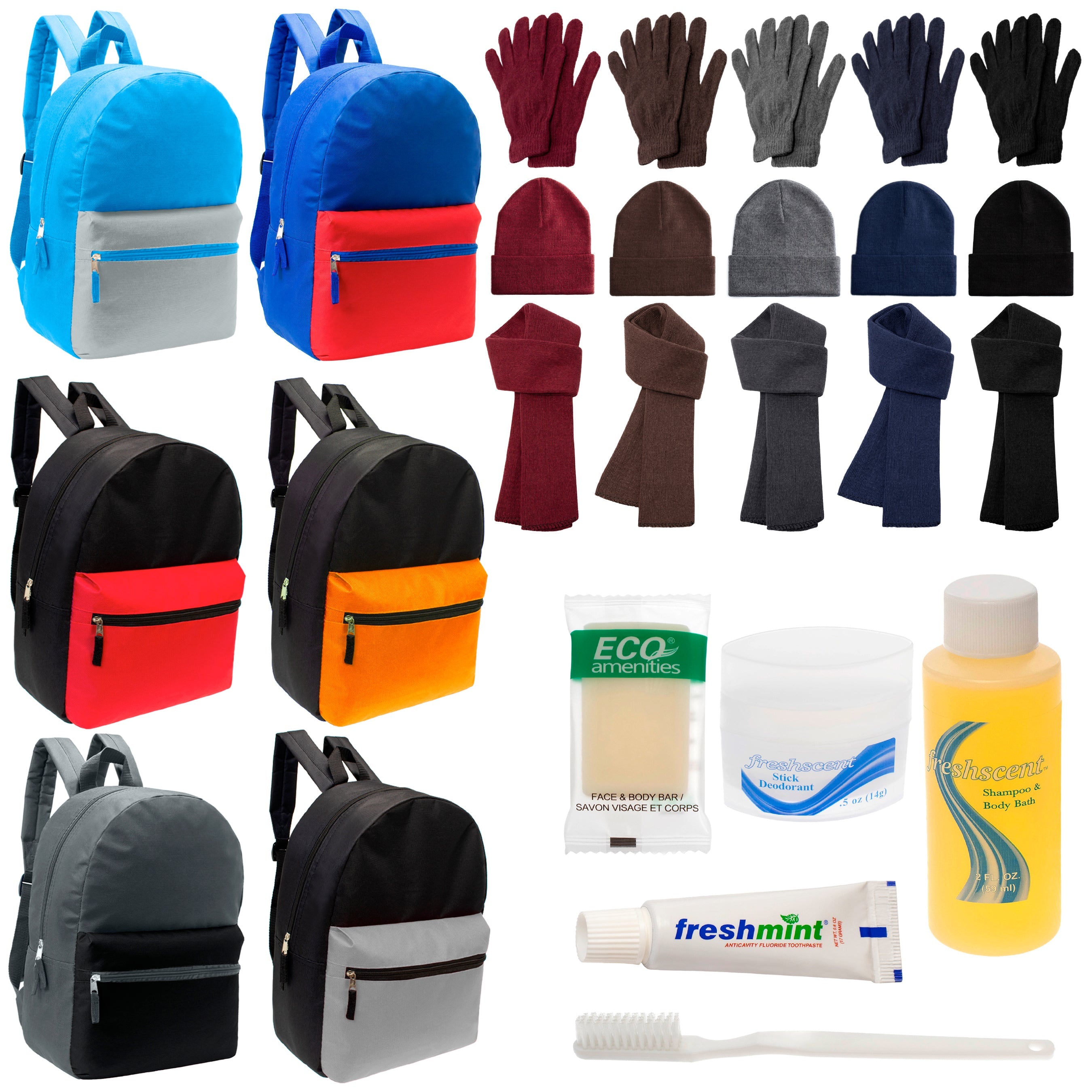 12 Multi Color Basic 17" Backpacks, 12 Winter Item Sets & Your Choice of 12 Bulk Hygiene Kits - Wholesale Homeless Care Package