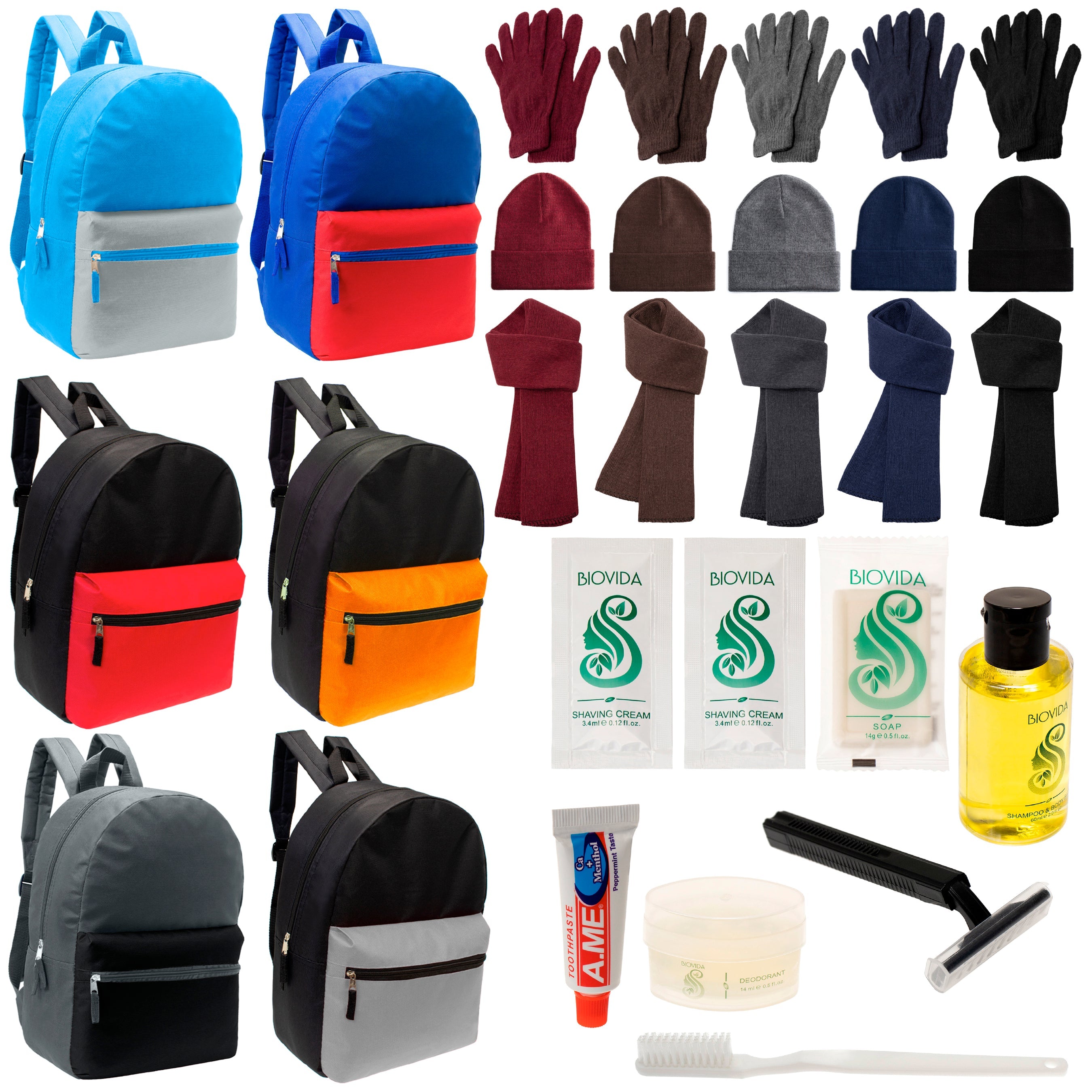 12 Multi Color Basic 17" Backpacks, 12 Winter Item Sets & Your Choice of 12 Bulk Hygiene Kits - Wholesale Homeless Care Package