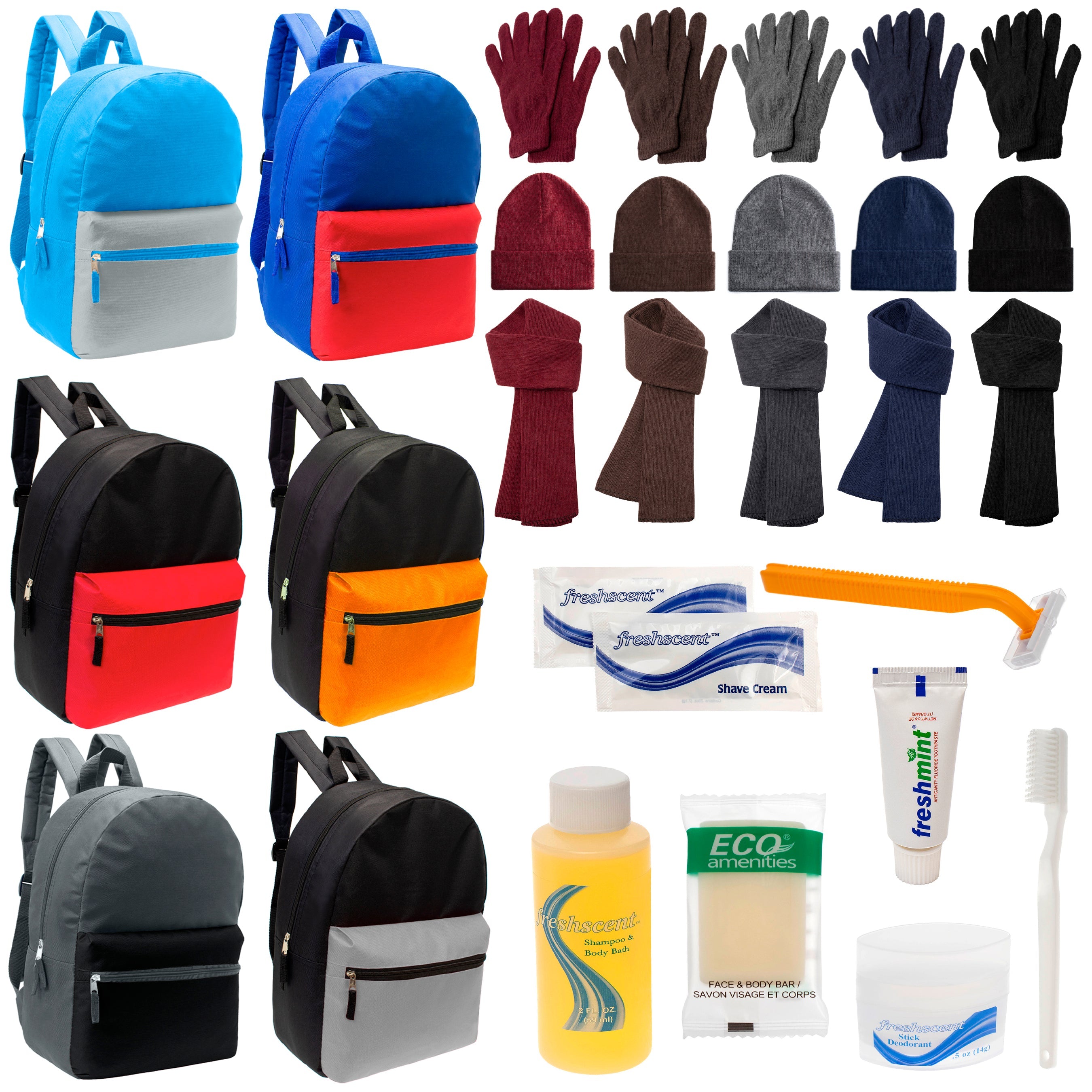 12 Multi Color Basic 17" Backpacks, 12 Winter Item Sets & Your Choice of 12 Bulk Hygiene Kits - Wholesale Homeless Care Package