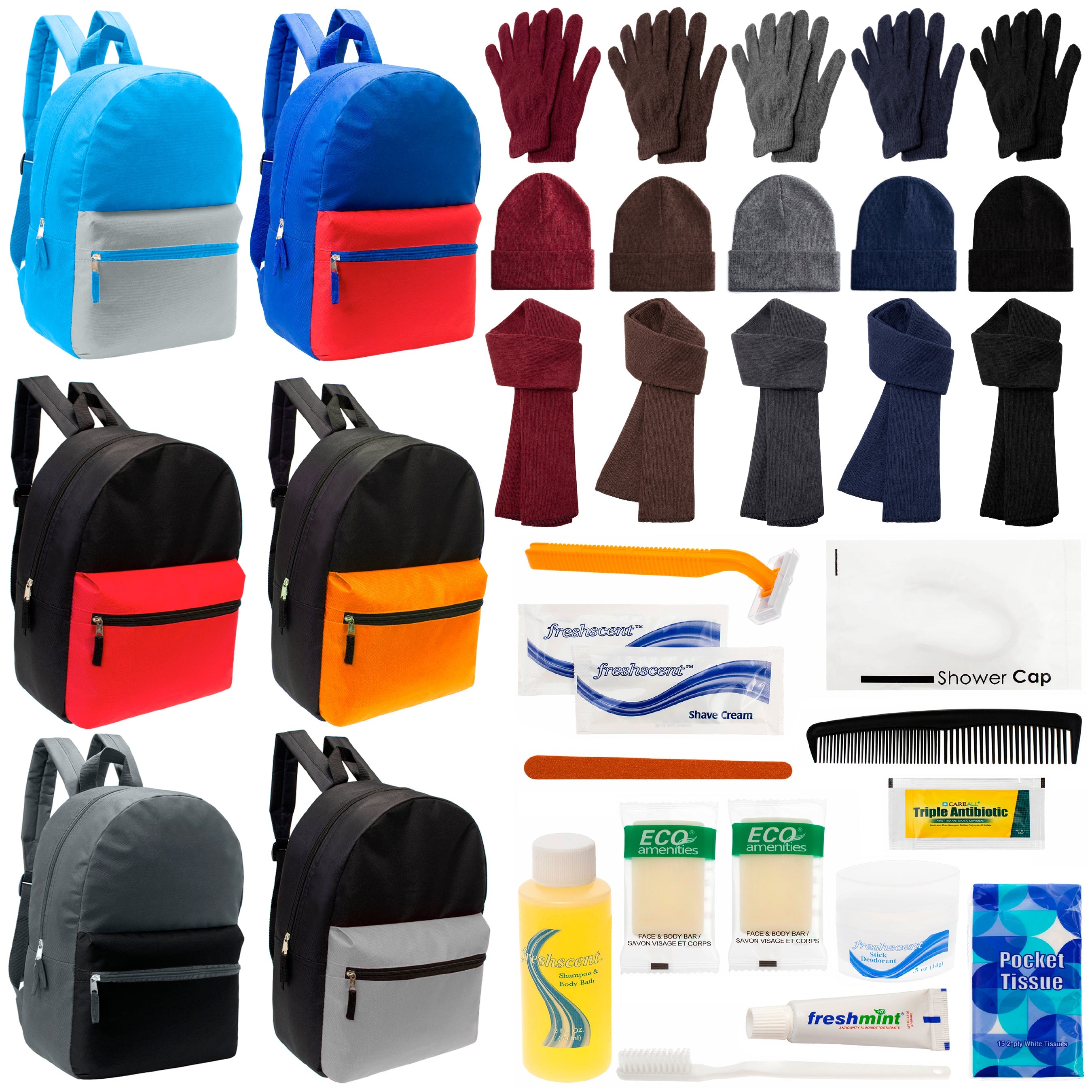 12 Multi Color Basic 17" Backpacks, 12 Winter Item Sets & Your Choice of 12 Bulk Hygiene Kits - Wholesale Homeless Care Package