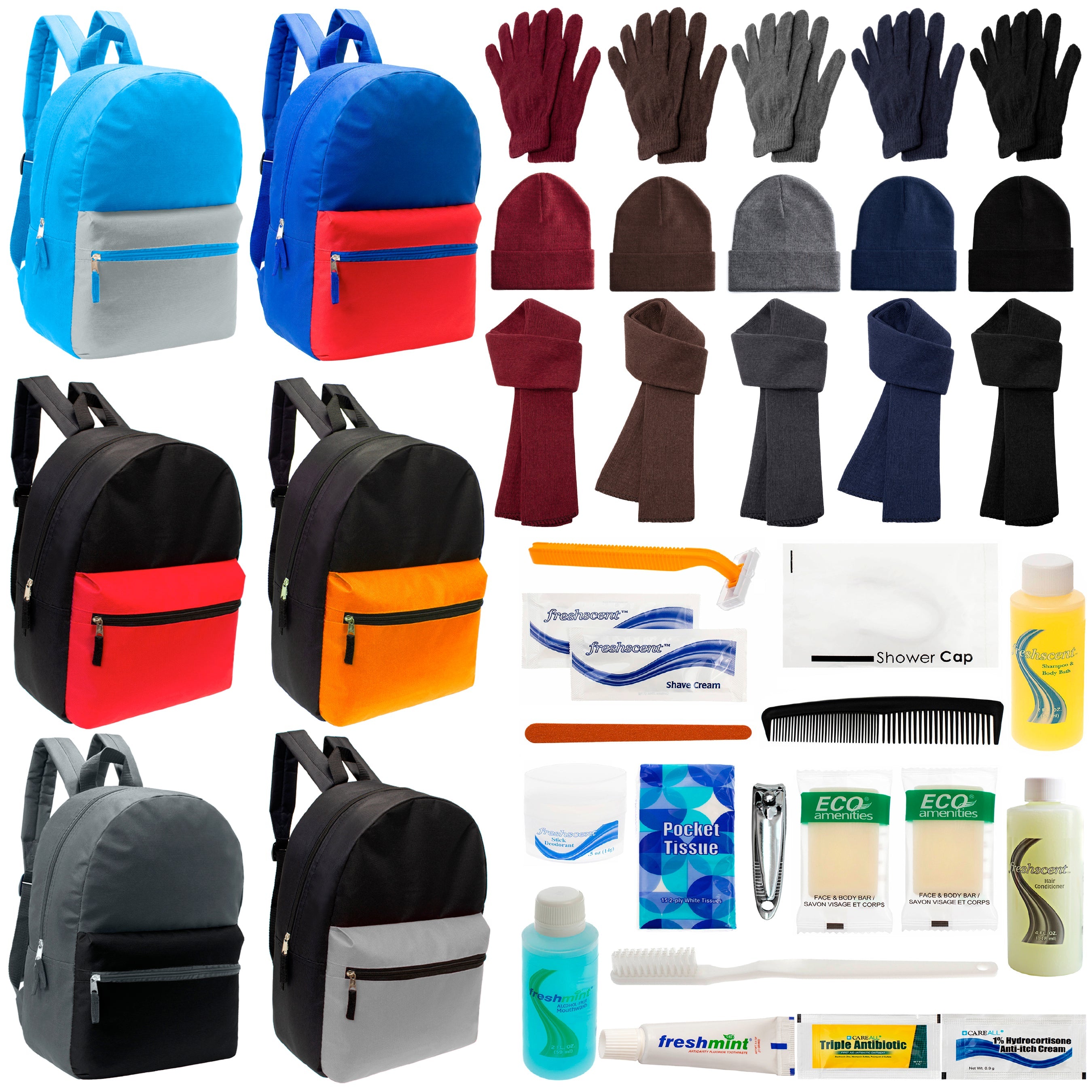 12 Multi Color Basic 17" Backpacks, 12 Winter Item Sets & Your Choice of 12 Bulk Hygiene Kits - Wholesale Homeless Care Package