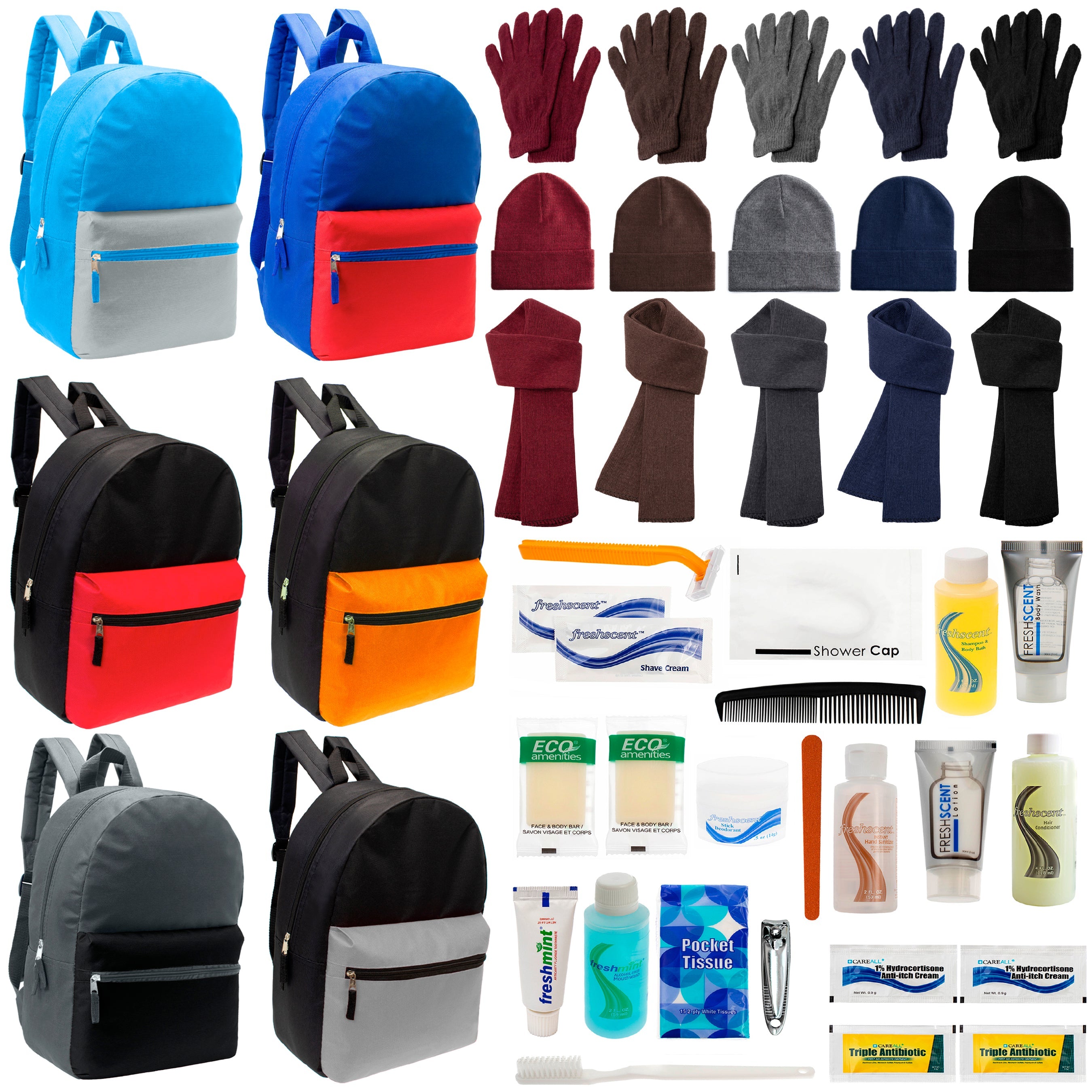 12 Multi Color Basic 17" Backpacks, 12 Winter Item Sets & Your Choice of 12 Bulk Hygiene Kits - Wholesale Homeless Care Package