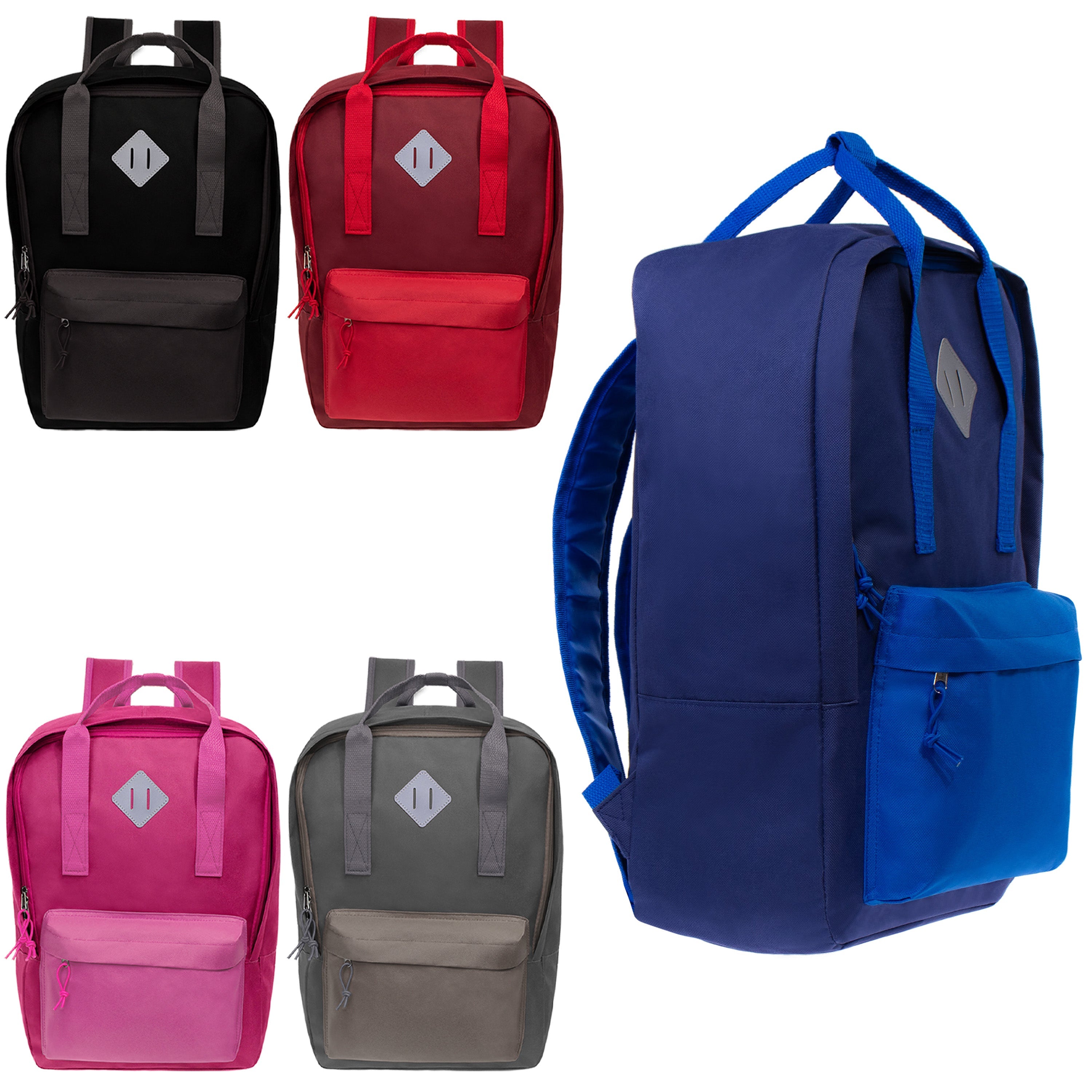 12 Multi Color Diamond Patch 17" Wholesale Backpacks and 12 Bulk School Supply Kits of Your Choice