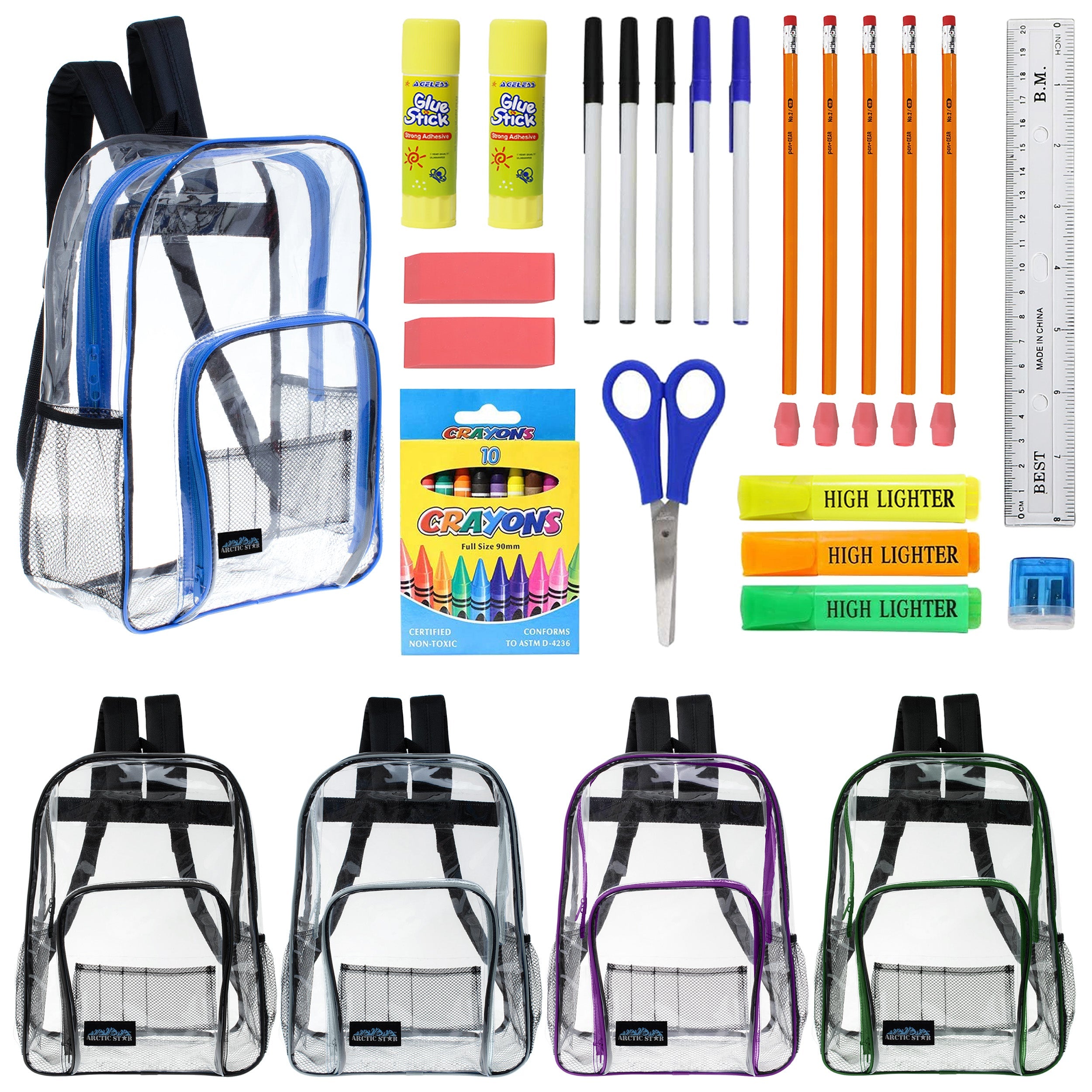 12 Wholesale 13" Clear Backpacks in Assorted Colors and 12 Bulk School Supply Kits of Your Choice