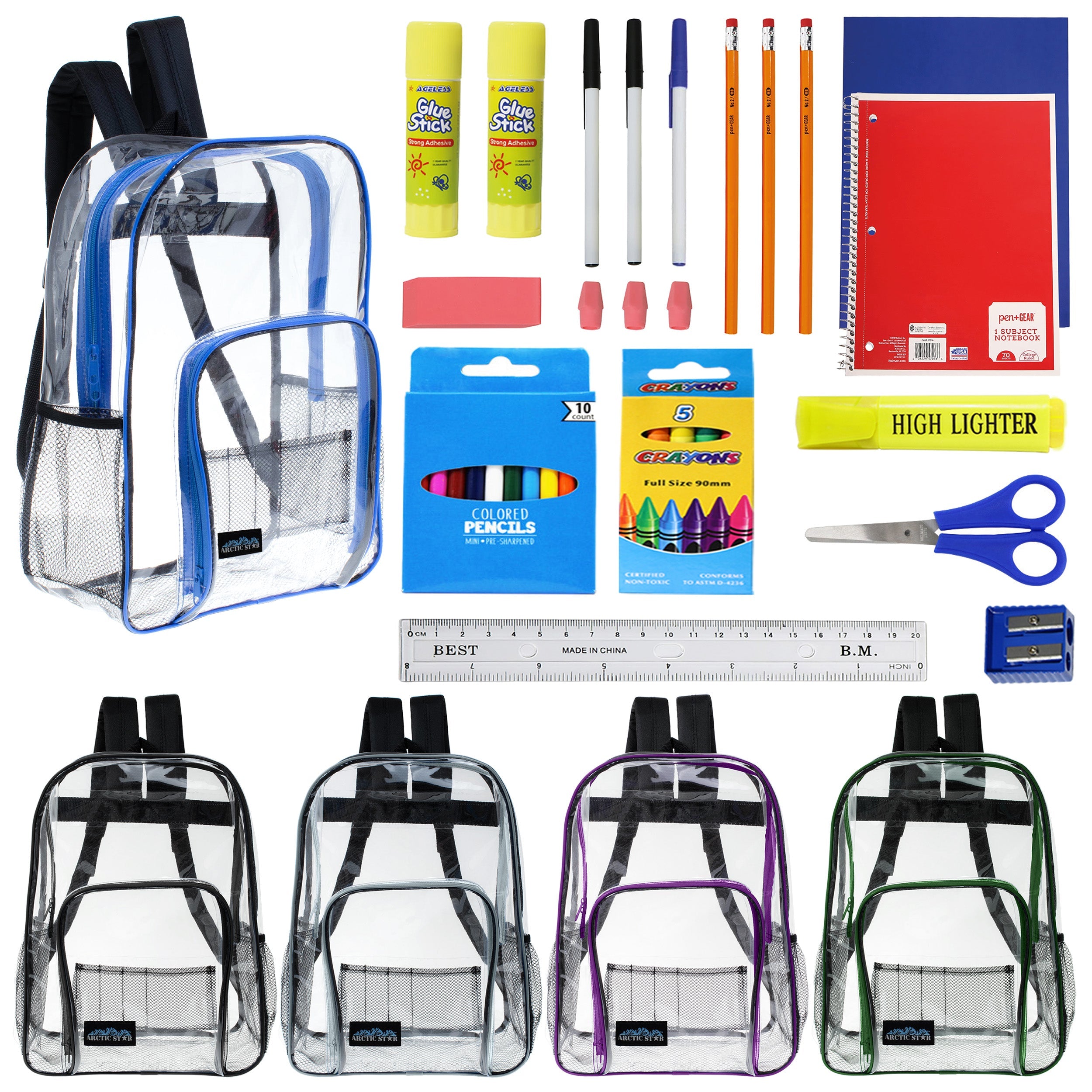 12 Wholesale 13" Clear Backpacks in Assorted Colors and 12 Bulk School Supply Kits of Your Choice