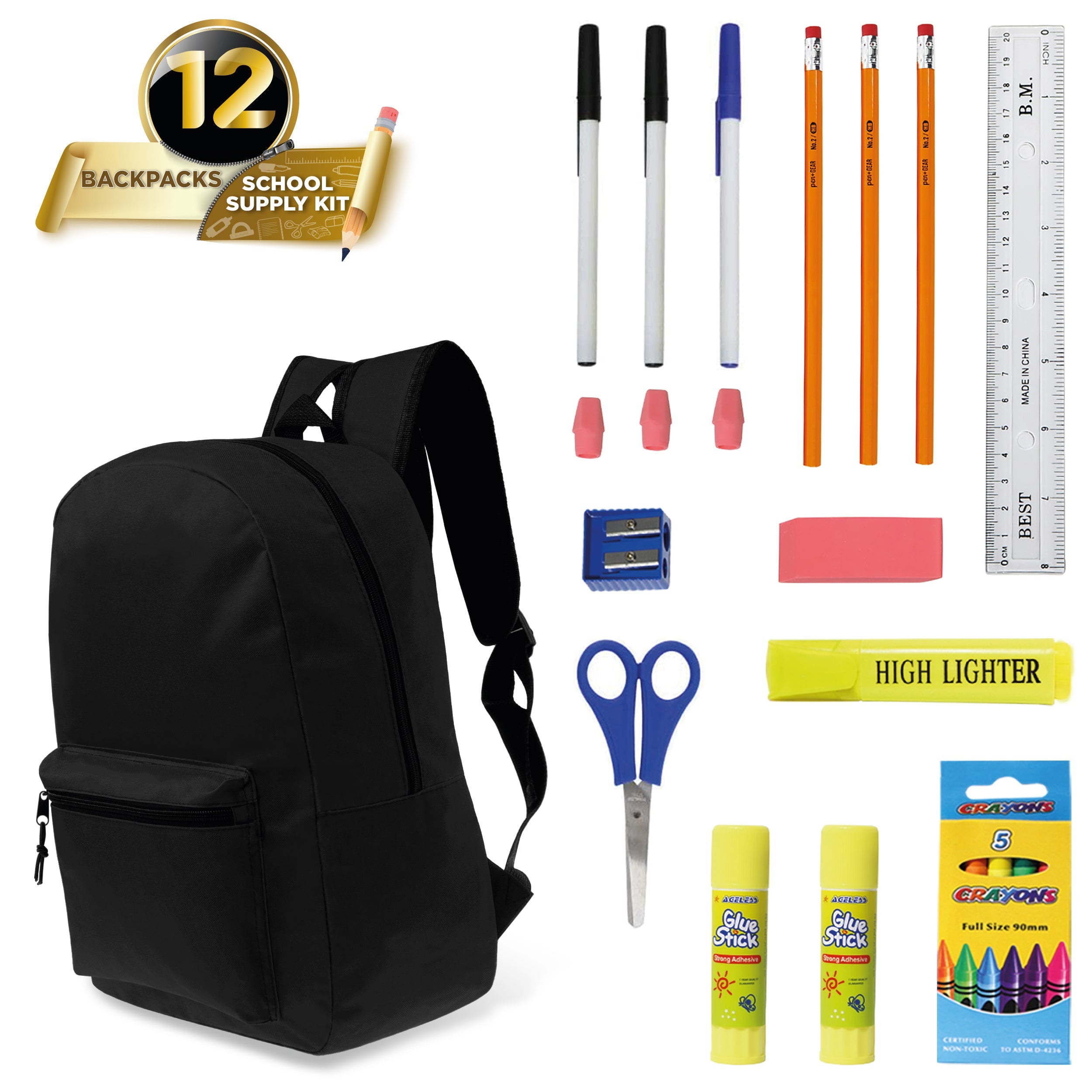 12 Wholesale 15" Classic Backpacks in Black & 12 Bulk School Supply Kits of Your Choice