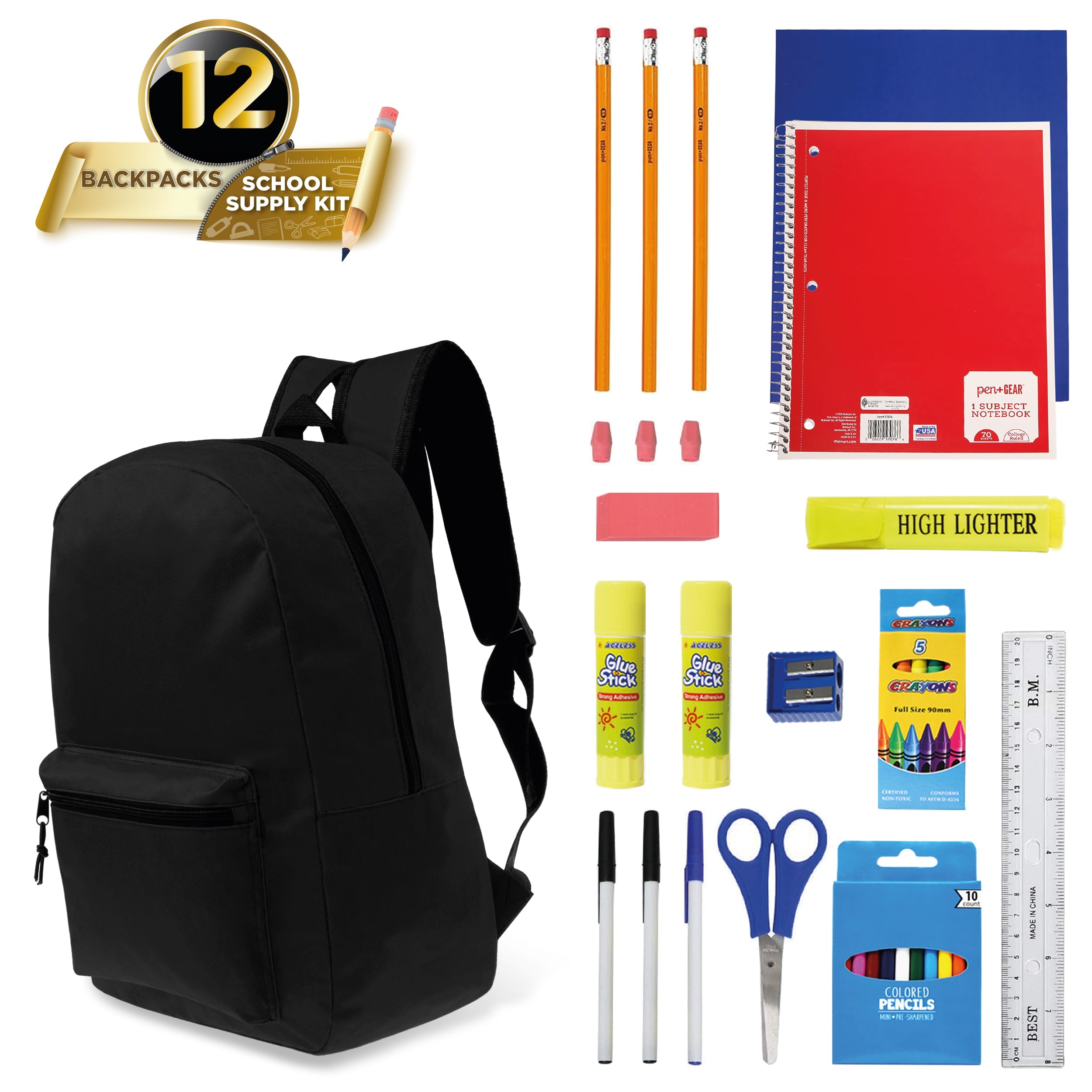12 Black 17" Basic Kids Wholesale Backpacks and 12 Bulk School Supply Kits of Your Choice