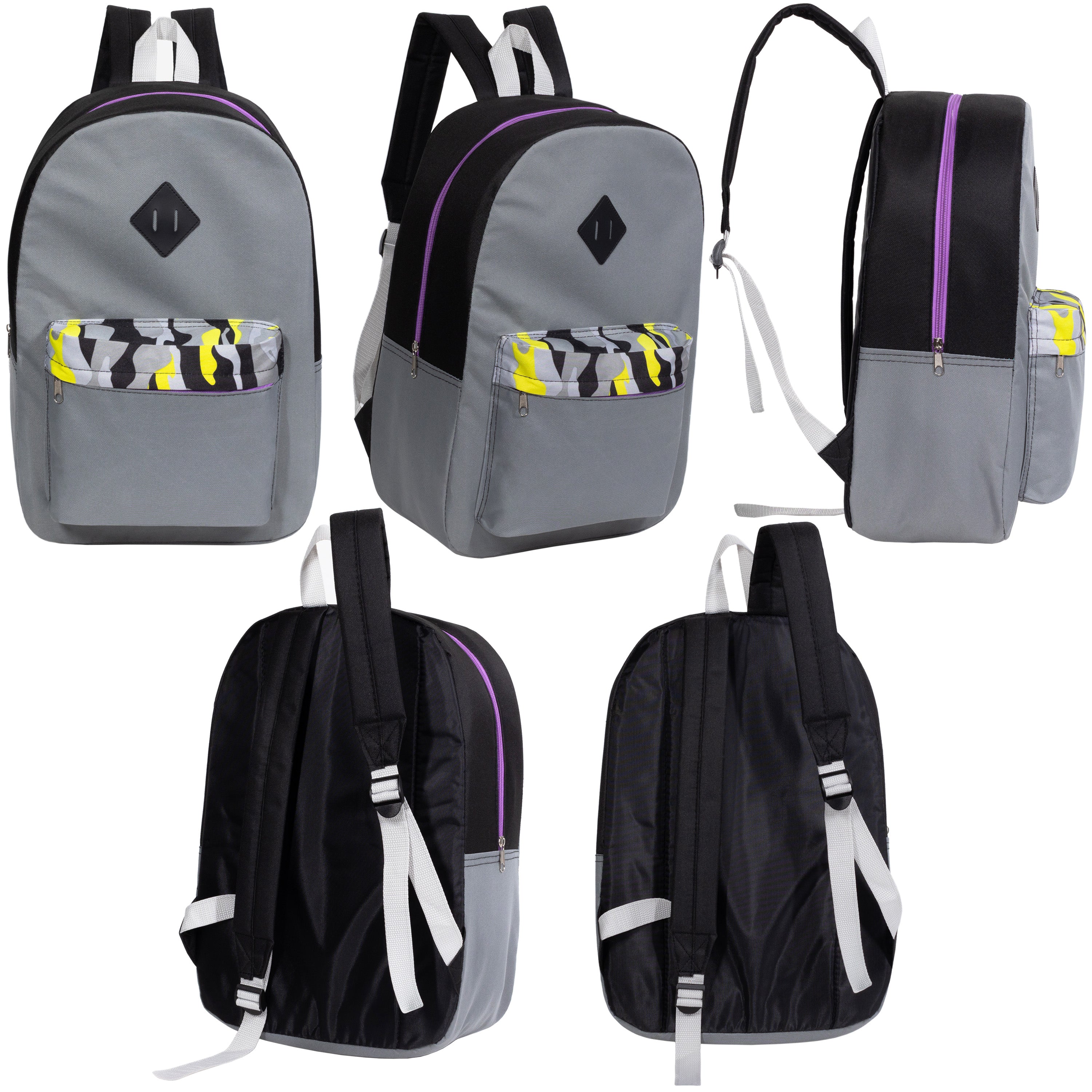 17" Padded Back Wholesale Backpacks with a Diamond Patch in 3 Colors  - Bulk Case of 24