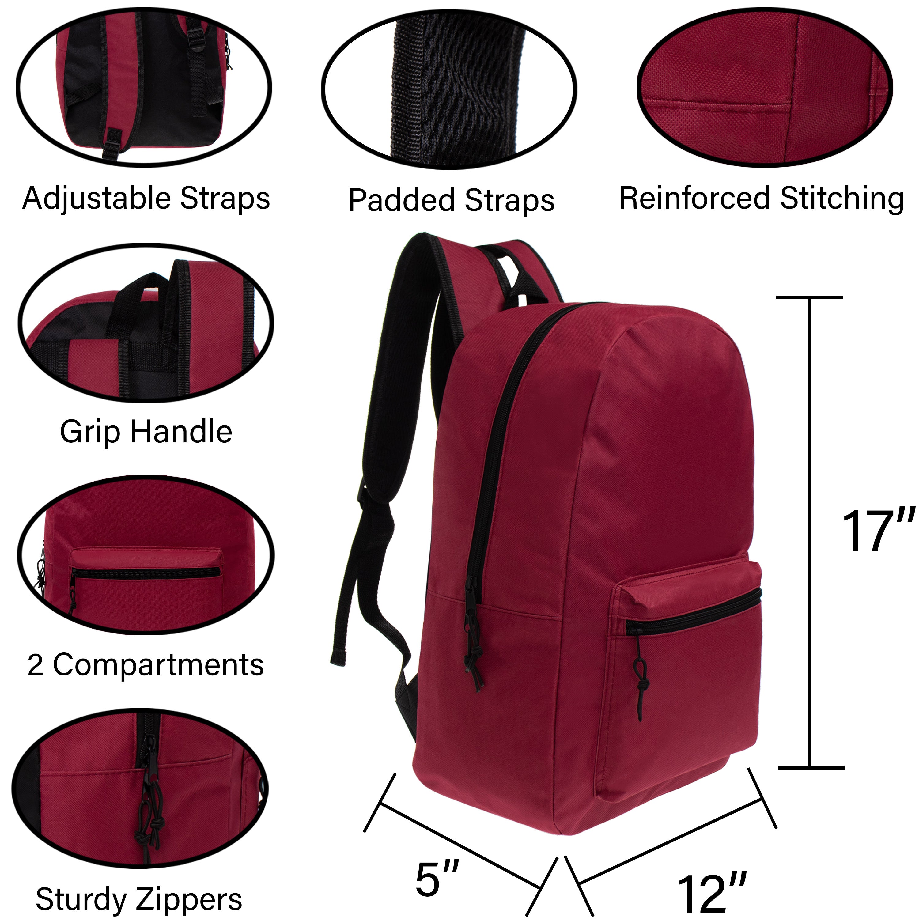 17" Bulk Backpacks in 12 Assorted Colors with 52 Piece School Supply Kits - Case of 12 Backpacks, 12 Kits